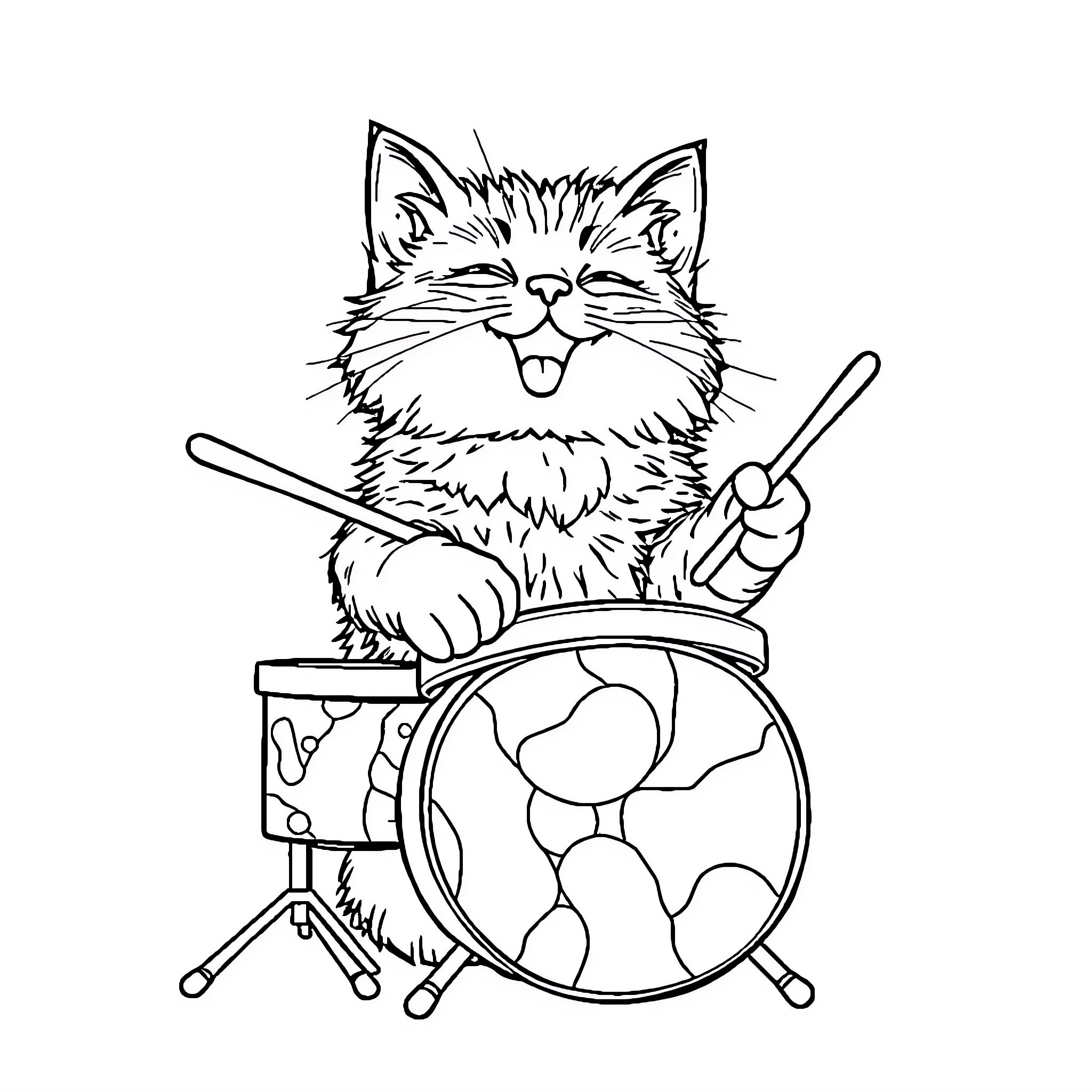 Cat playing drums happily Coloring Page (free black-and-white line drawing printable PDF for all, from beginners to advanced learners, including children, teens, adults, and seniors)