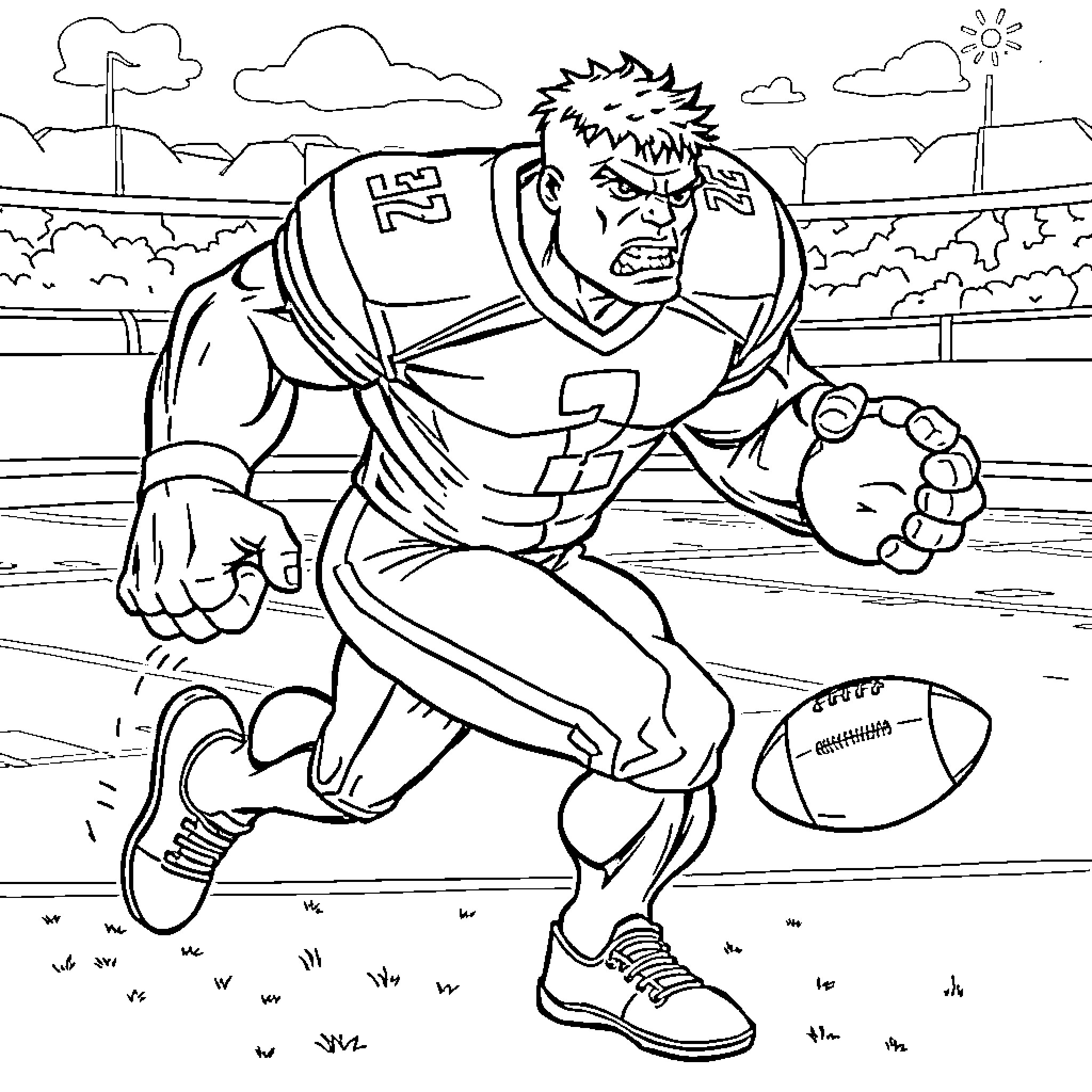 Hulk furiously running on the football field Coloring Page (free black-and-white line drawing printable PDF for all, from beginners to advanced learners, including children, teens, adults, and seniors)