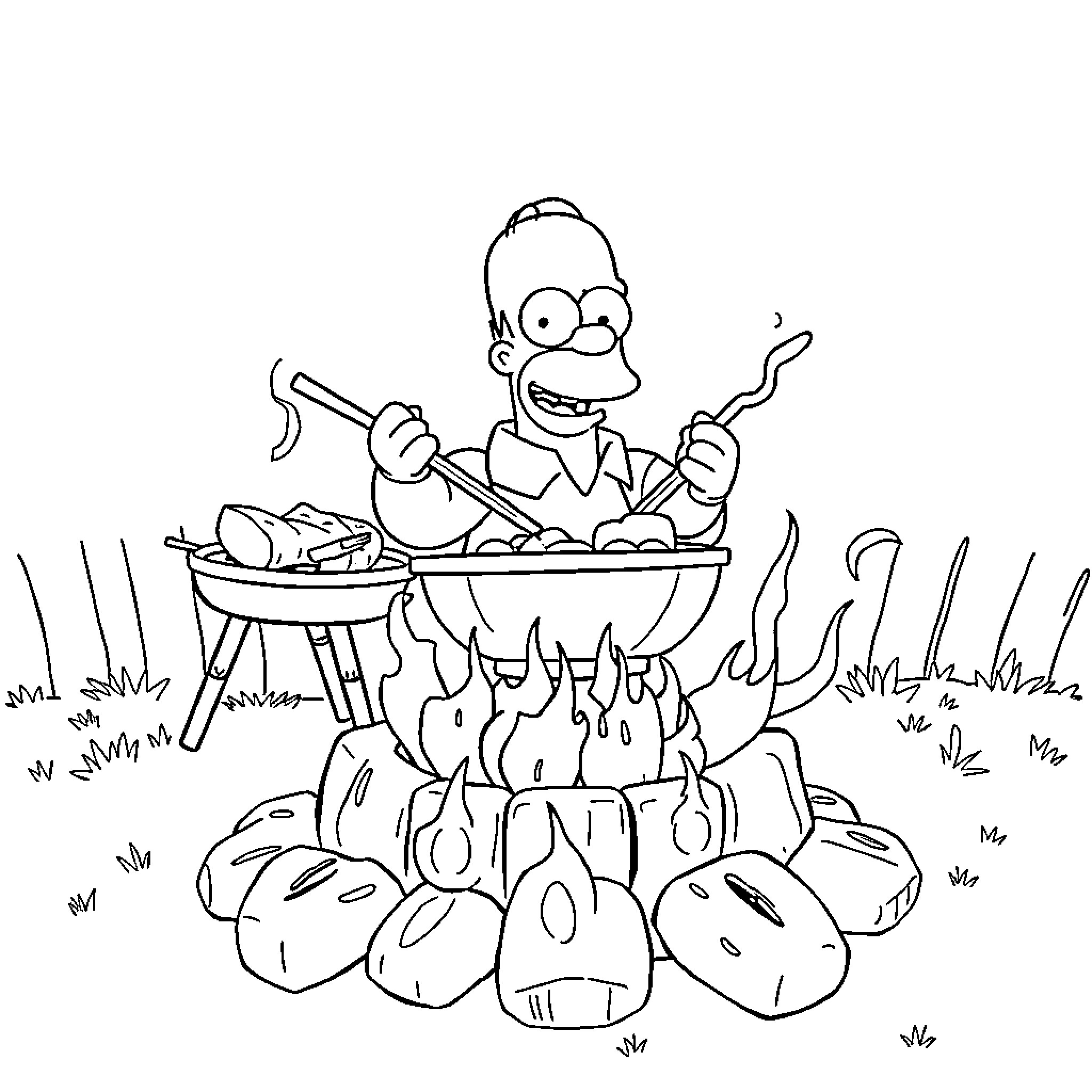 Homer Simpson's Grilling Adventures Coloring Page (free black-and-white line drawing printable PDF for all, from beginners to advanced learners, including children, teens, adults, and seniors)