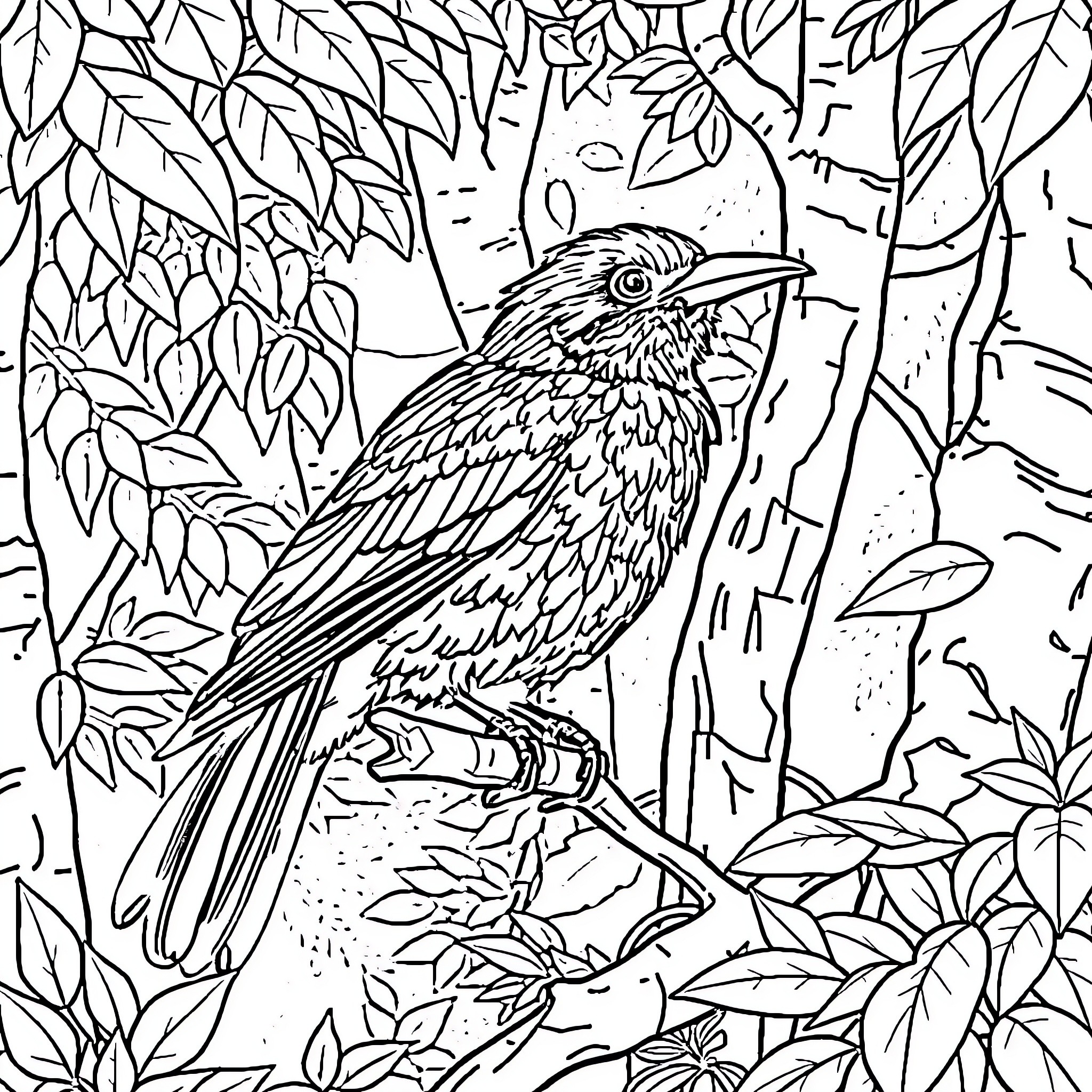 Bird perched on branch in lush foliage Coloring Page (free black-and-white line drawing printable PDF for all, from beginners to advanced learners, including children, teens, adults, and seniors)