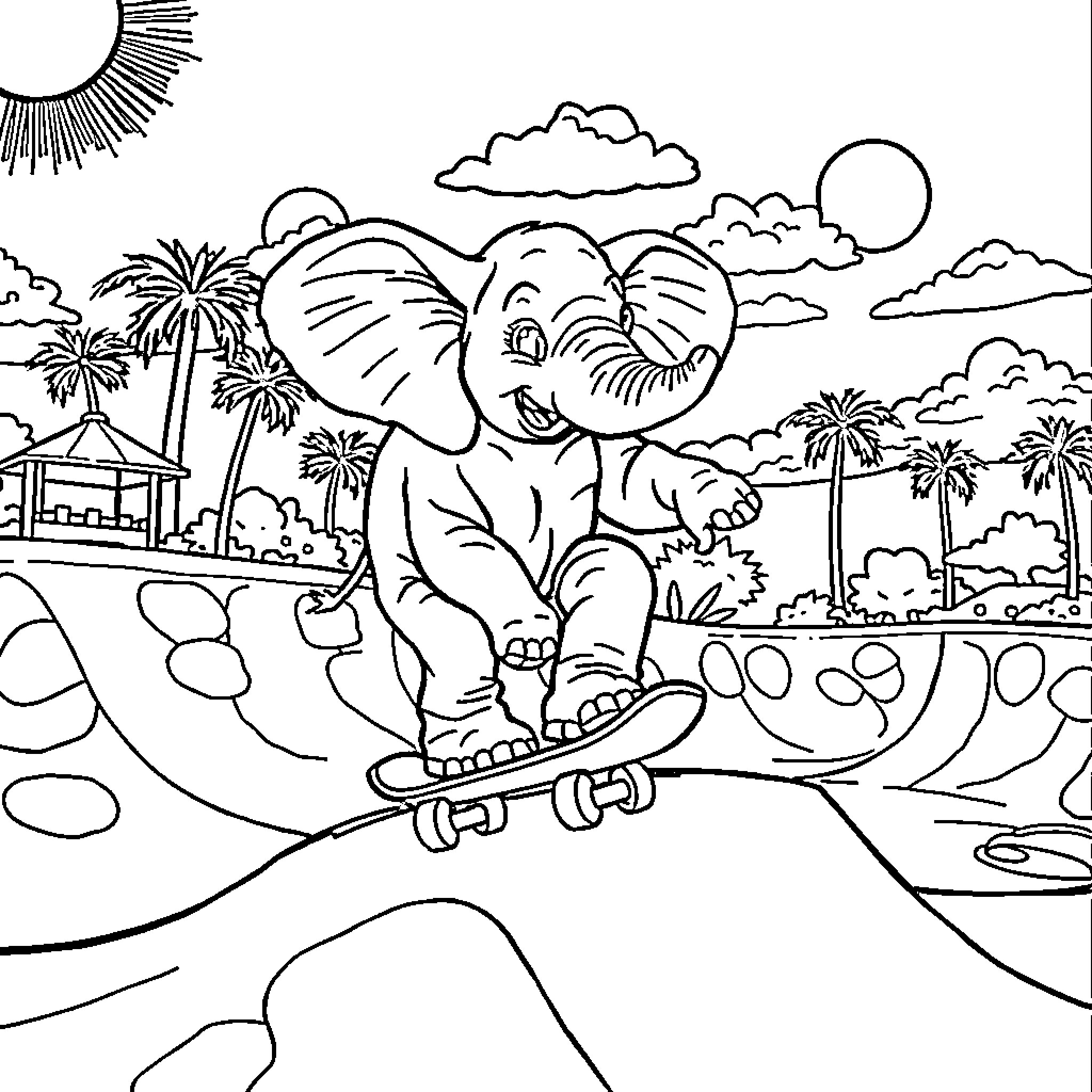 Elephant having fun on a skateboard in the tropical landscape Coloring Page (free black-and-white line drawing printable PDF for all, from beginners to advanced learners, including children, teens, adults, and seniors)