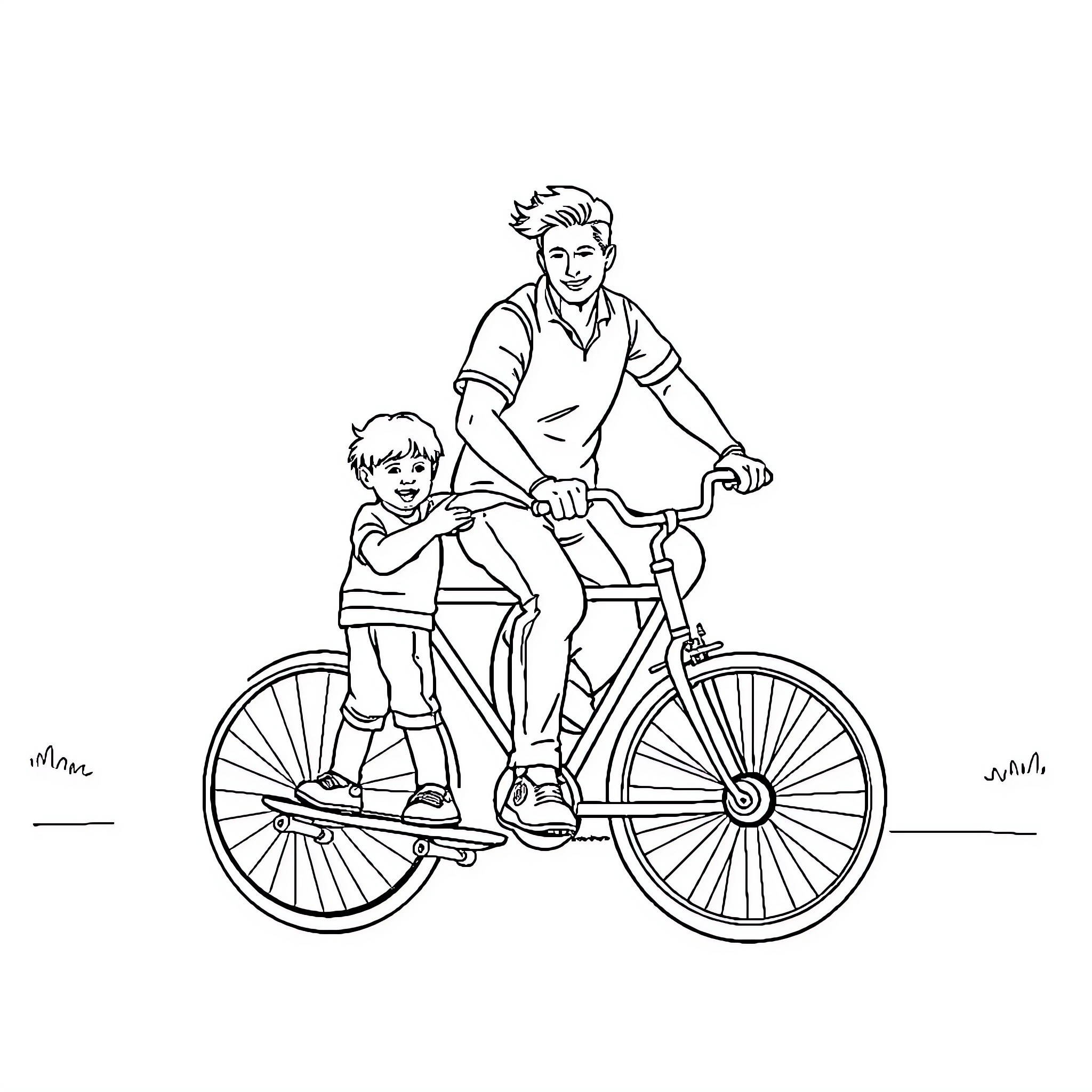 Dad and child riding bicycle together Coloring Page (free black-and-white line drawing printable PDF for all, from beginners to advanced learners, including children, teens, adults, and seniors)