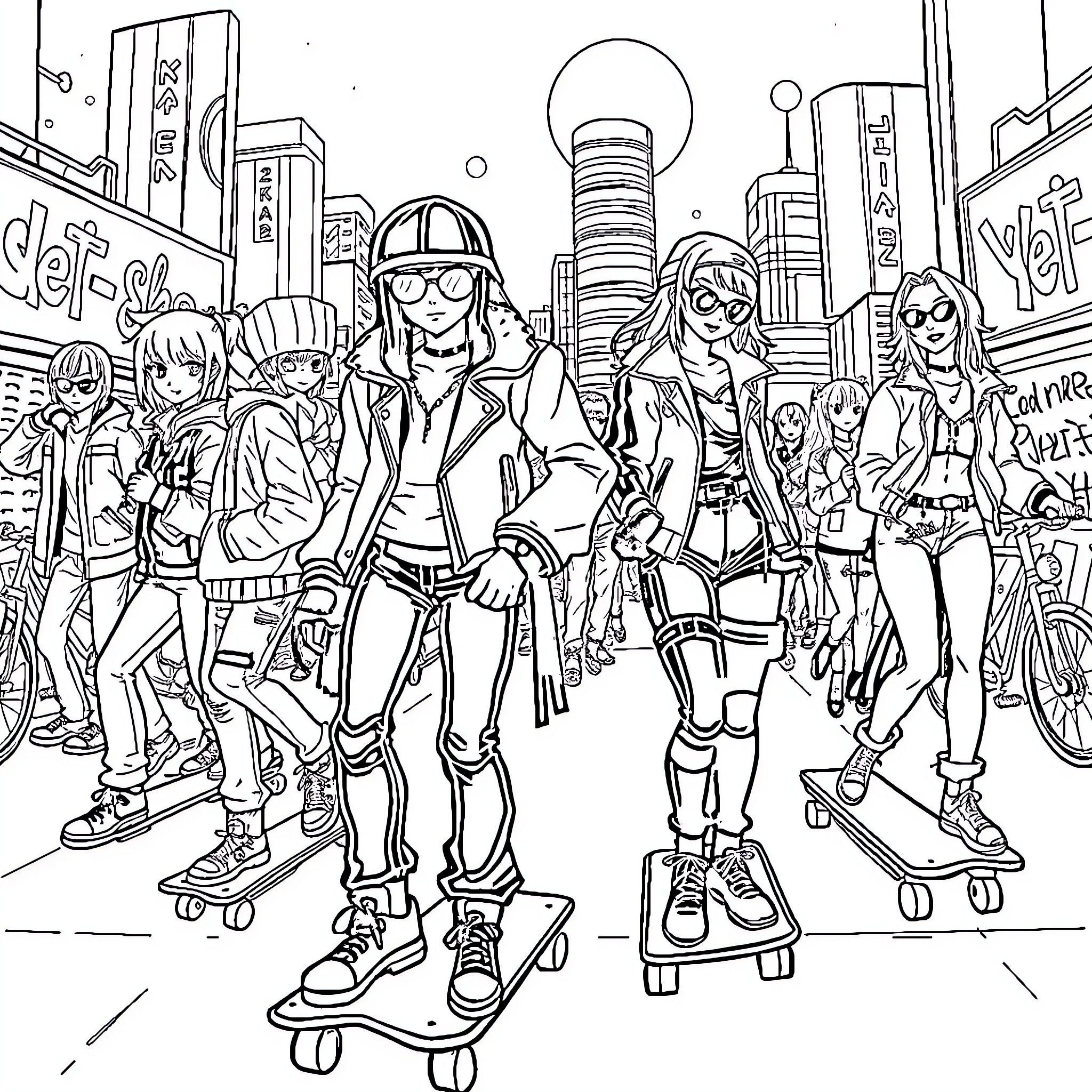 Anime Skaters in the City Streets Coloring Page (free black-and-white line drawing printable PDF for all, from beginners to advanced learners, including children, teens, adults, and seniors)