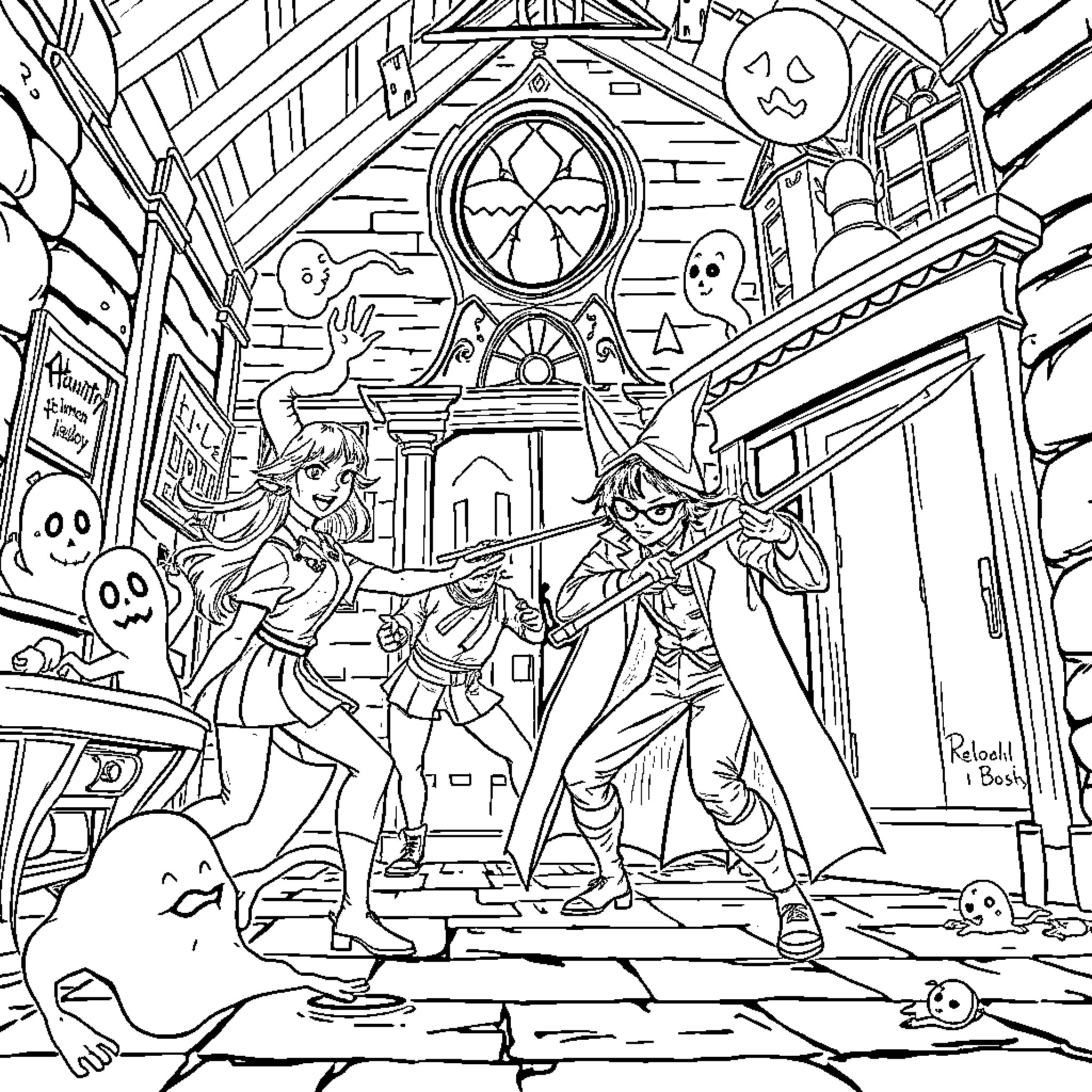 Demon Hunter in Haunted Castle Coloring Page (free black-and-white line drawing printable PDF for all, from beginners to advanced learners, including children, teens, adults, and seniors)