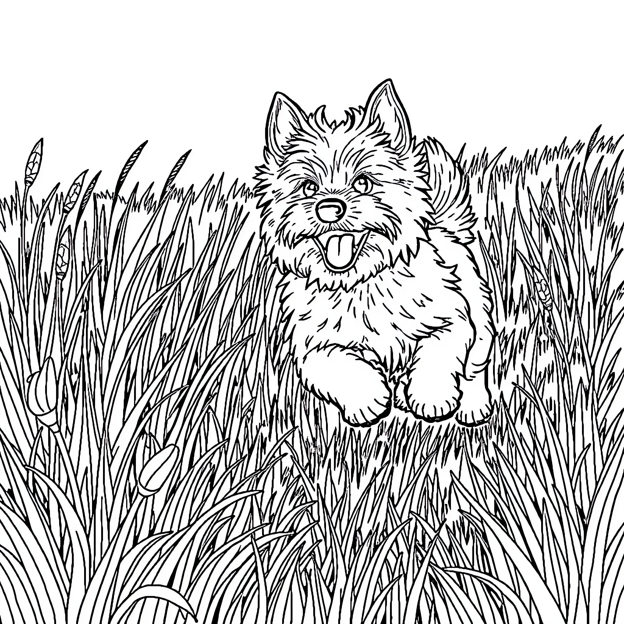 Dog playing happily in the tall grass Coloring Page (free black-and-white line drawing printable PDF for all, from beginners to advanced learners, including children, teens, adults, and seniors)