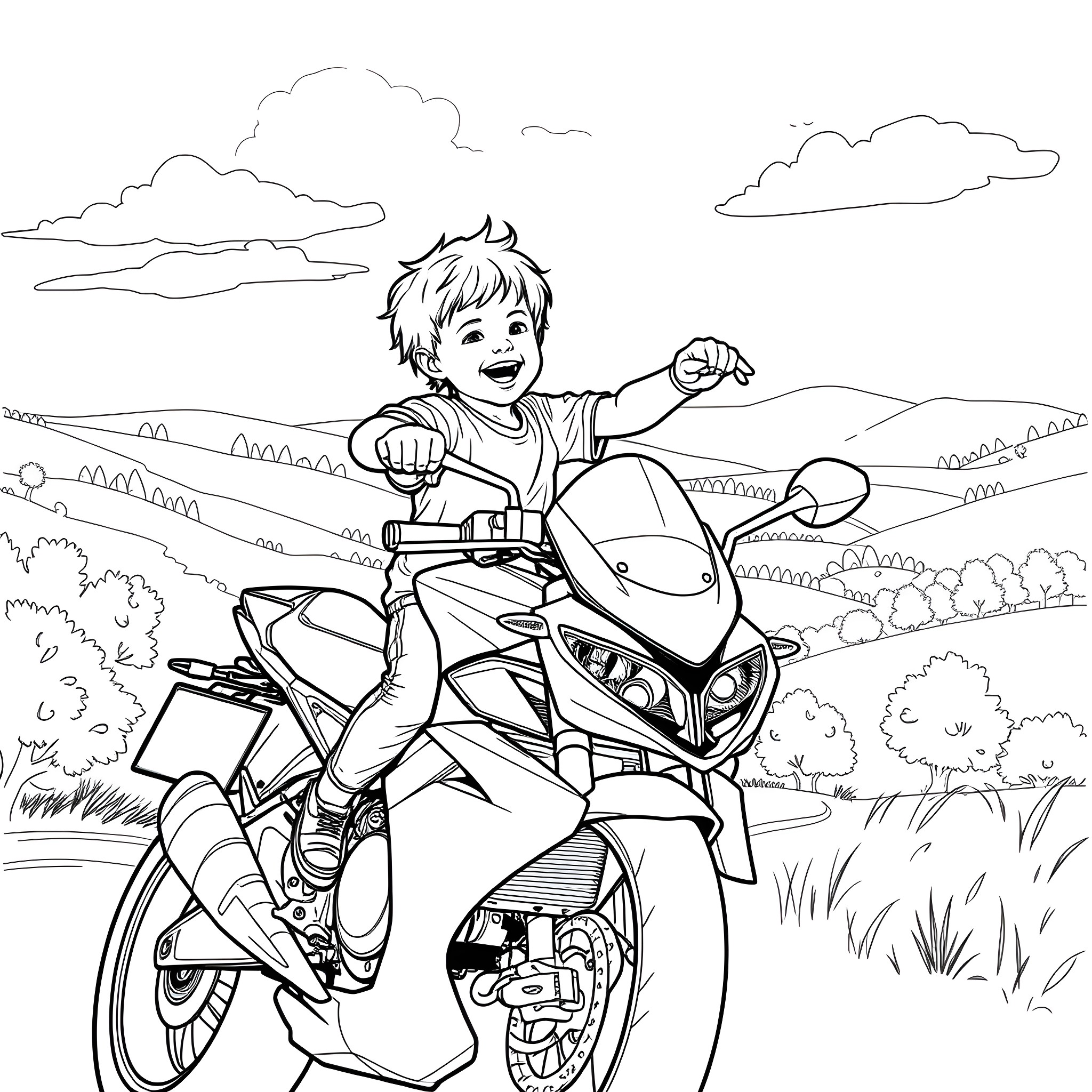 Child riding motorcycle through scenic countryside Coloring Page (free black-and-white line drawing printable PDF for all, from beginners to advanced learners, including children, teens, adults, and seniors)