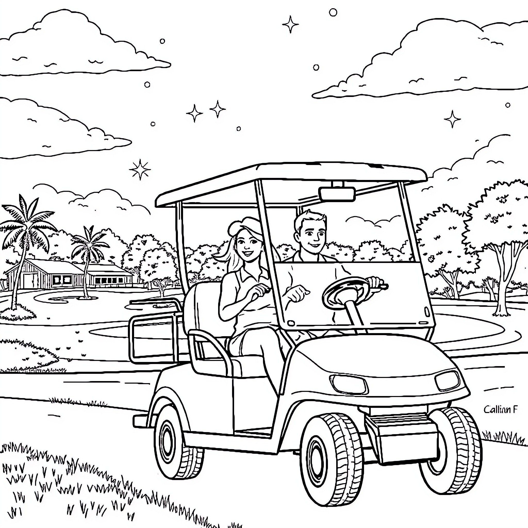 Golf Cart Ride through Tropical Landscape Coloring Page (free black-and-white line drawing printable PDF for all, from beginners to advanced learners, including children, teens, adults, and seniors)
