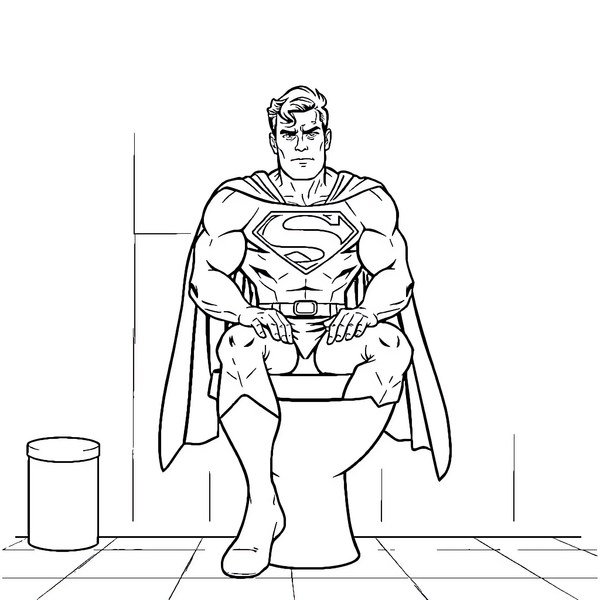 Superman seated in thoughtful pose Coloring Page (free black-and-white line drawing printable PDF for all, from beginners to advanced learners, including children, teens, adults, and seniors)