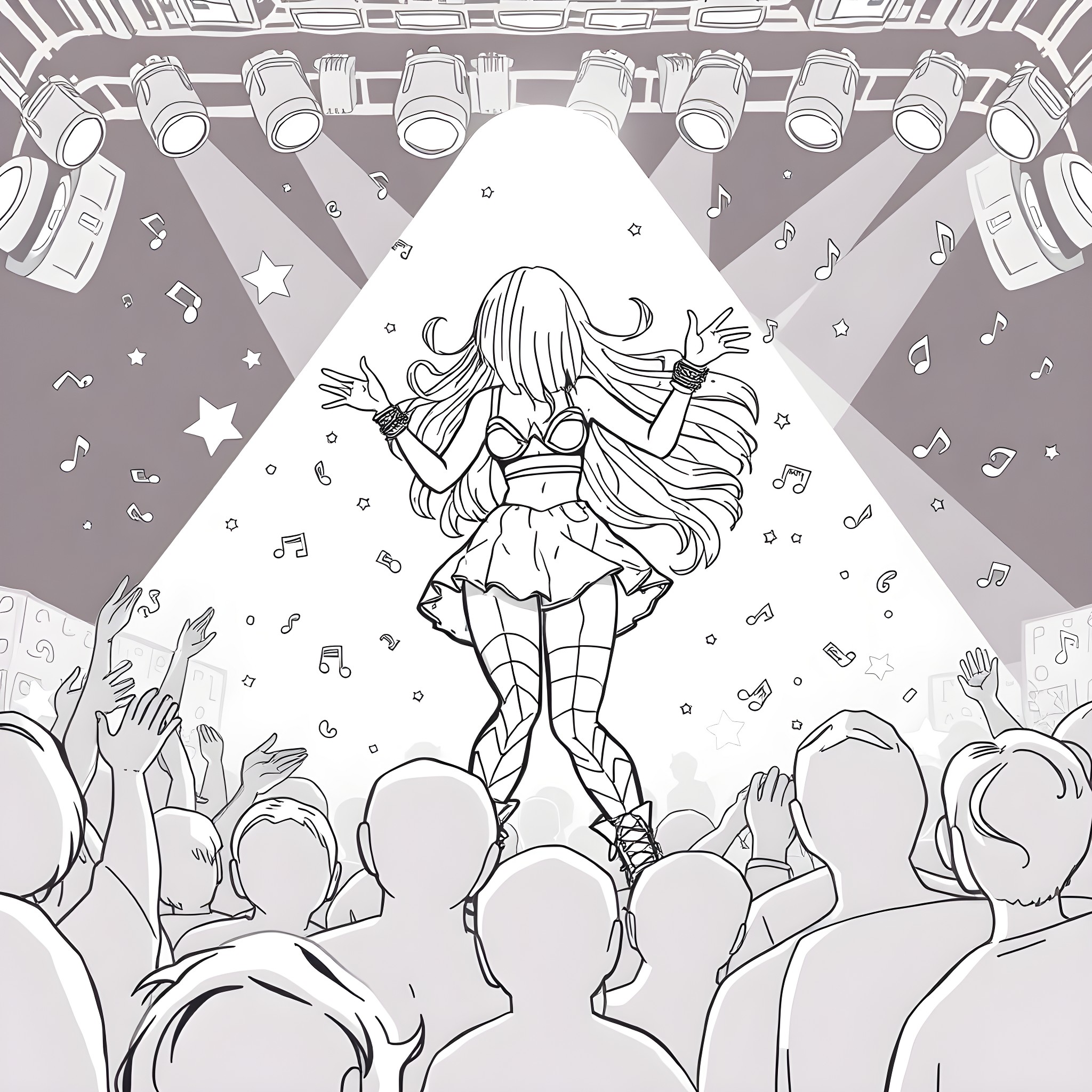 Melodie's Radiant Performance on Stage Coloring Page (free black-and-white line drawing printable PDF for all, from beginners to advanced learners, including children, teens, adults, and seniors)