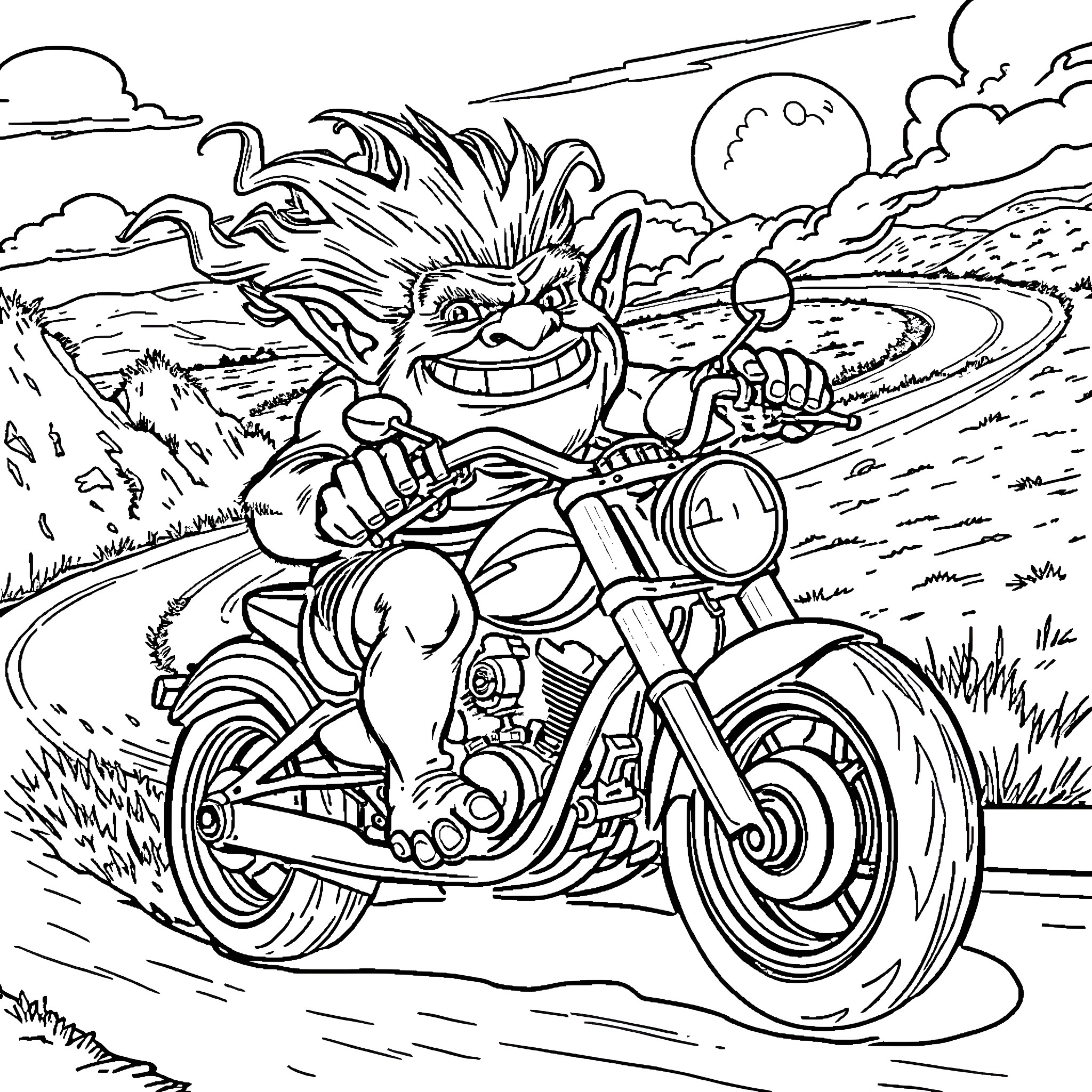 Troll riding a motorcycle on the open road Coloring Page (free black-and-white line drawing printable PDF for all, from beginners to advanced learners, including children, teens, adults, and seniors)