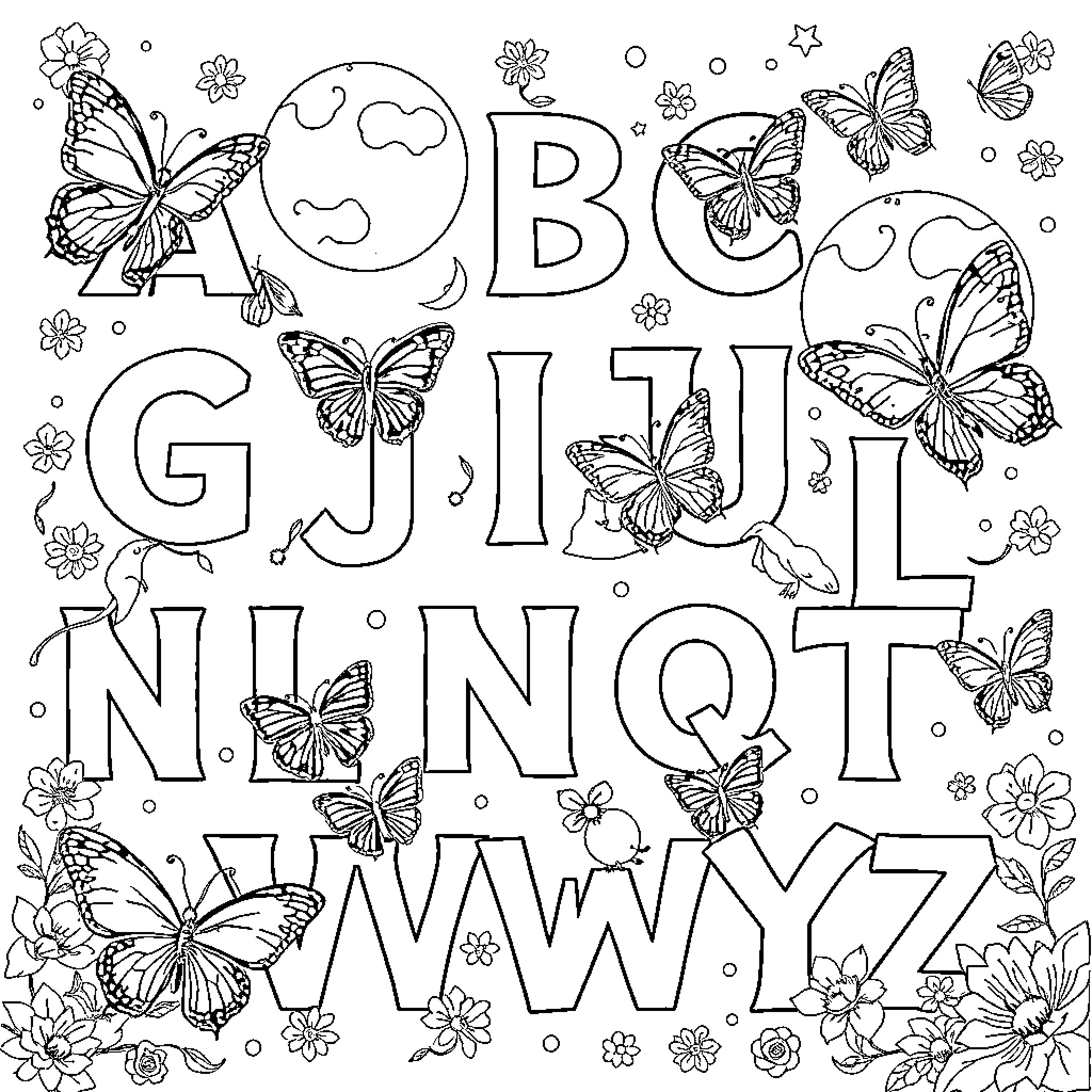 Alphabet Butterflies and Flowers Coloring Page Coloring Page (free black-and-white line drawing printable PDF for all, from beginners to advanced learners, including children, teens, adults, and seniors)