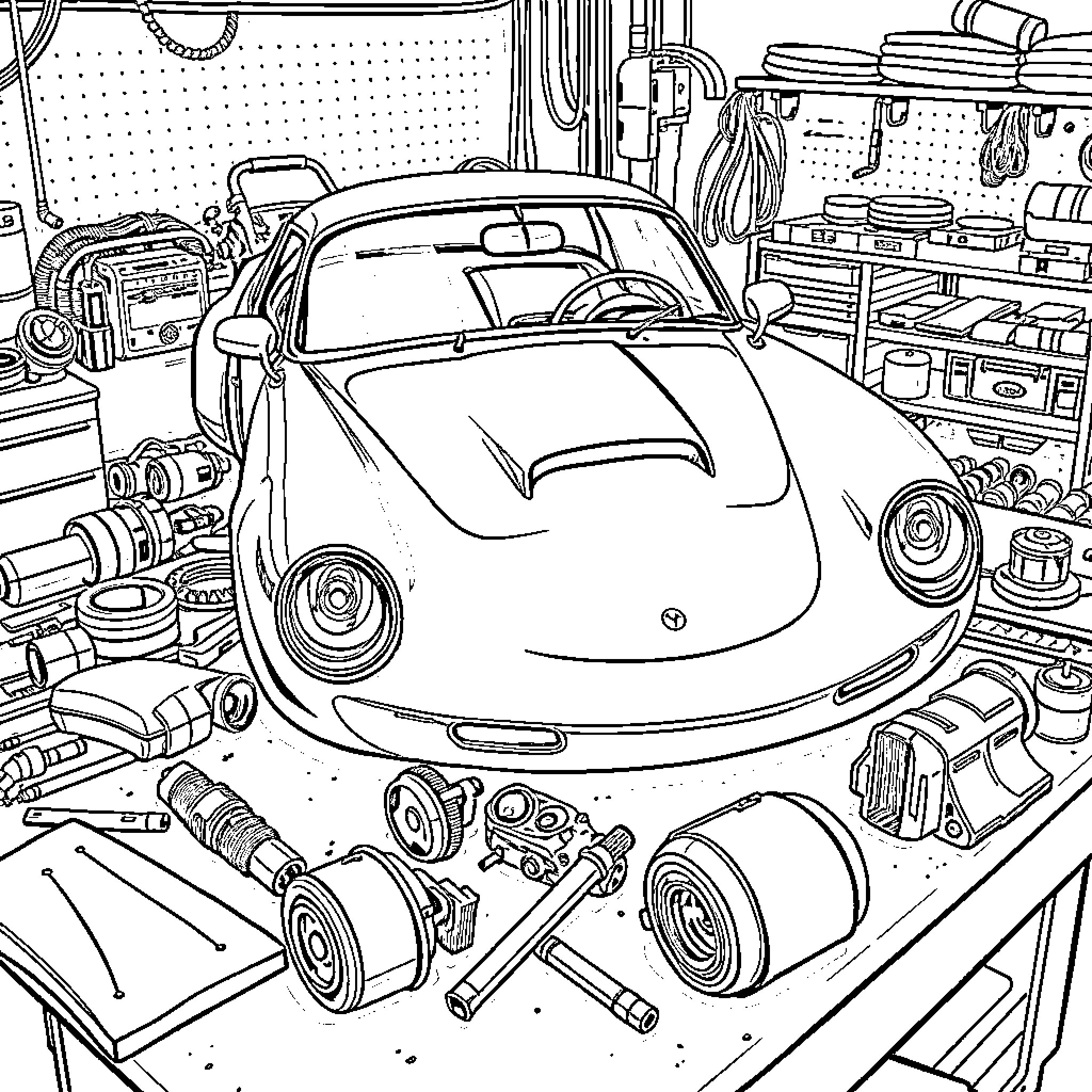 Car Part Restoration in Cluttered Garage Coloring Page (free black-and-white line drawing printable PDF for all, from beginners to advanced learners, including children, teens, adults, and seniors)
