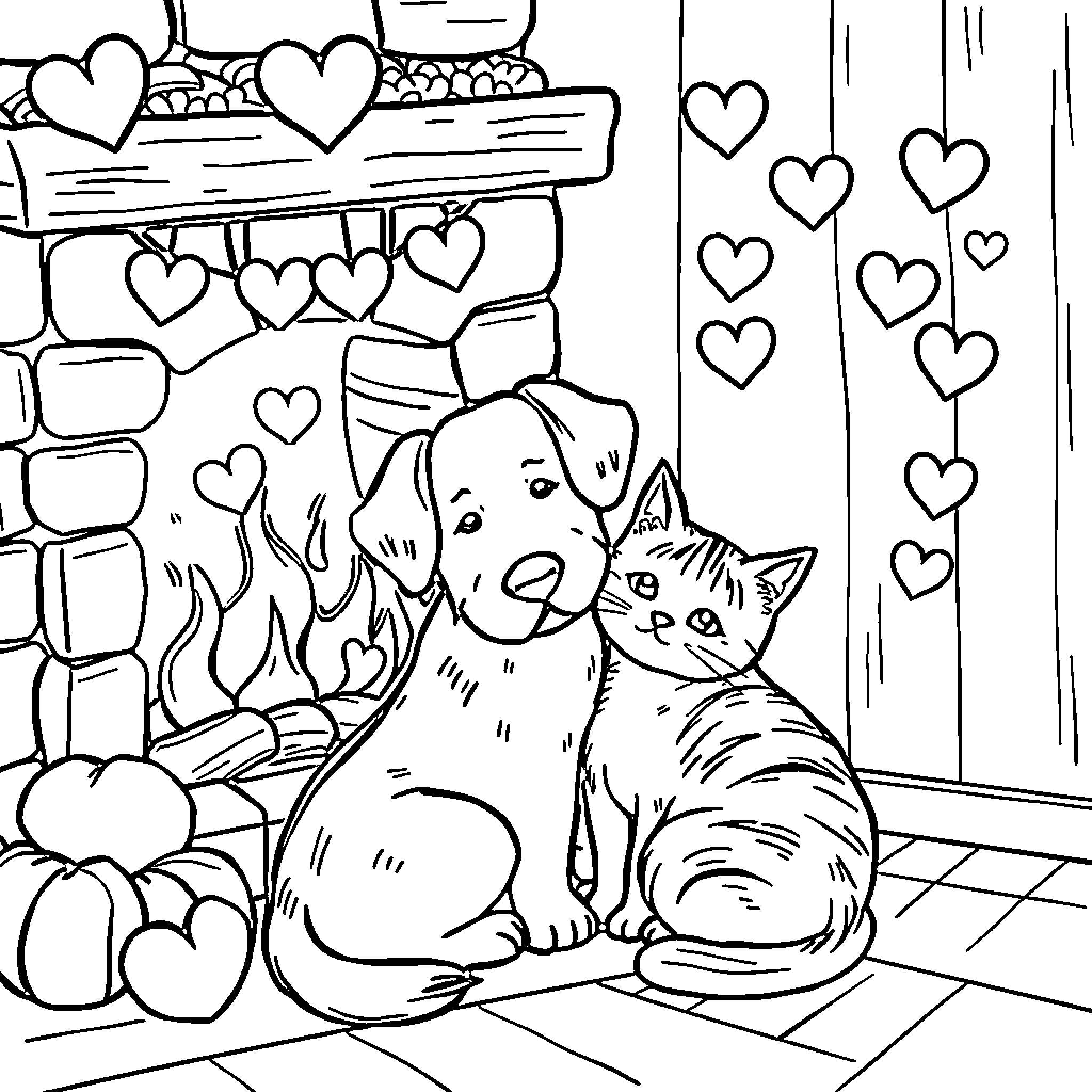 Dog and cat cuddling by the fireplace Coloring Page (free black-and-white line drawing printable PDF for all, from beginners to advanced learners, including children, teens, adults, and seniors)