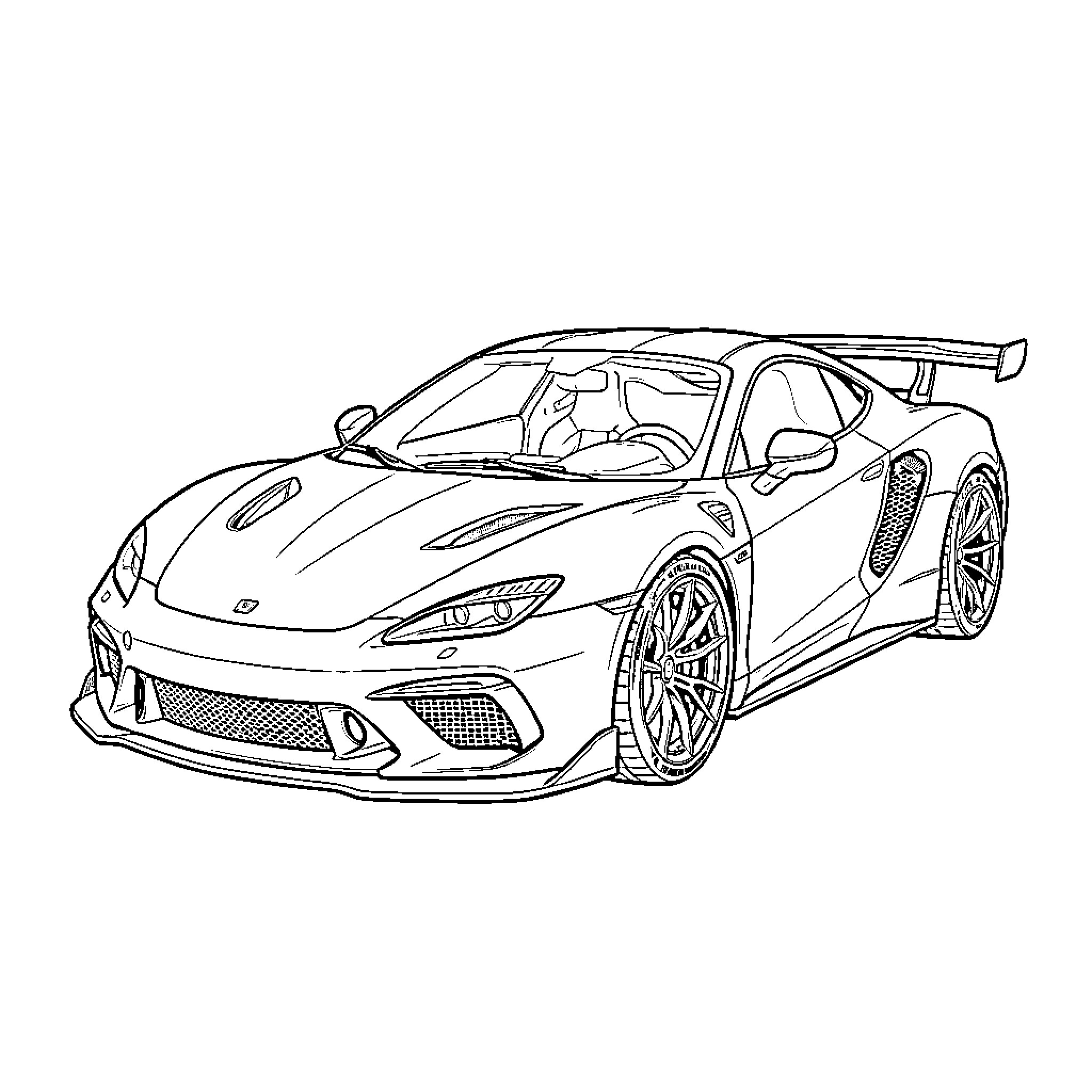 Car parked showcasing sleek aerodynamic design Coloring Page (free black-and-white line drawing printable PDF for all, from beginners to advanced learners, including children, teens, adults, and seniors)