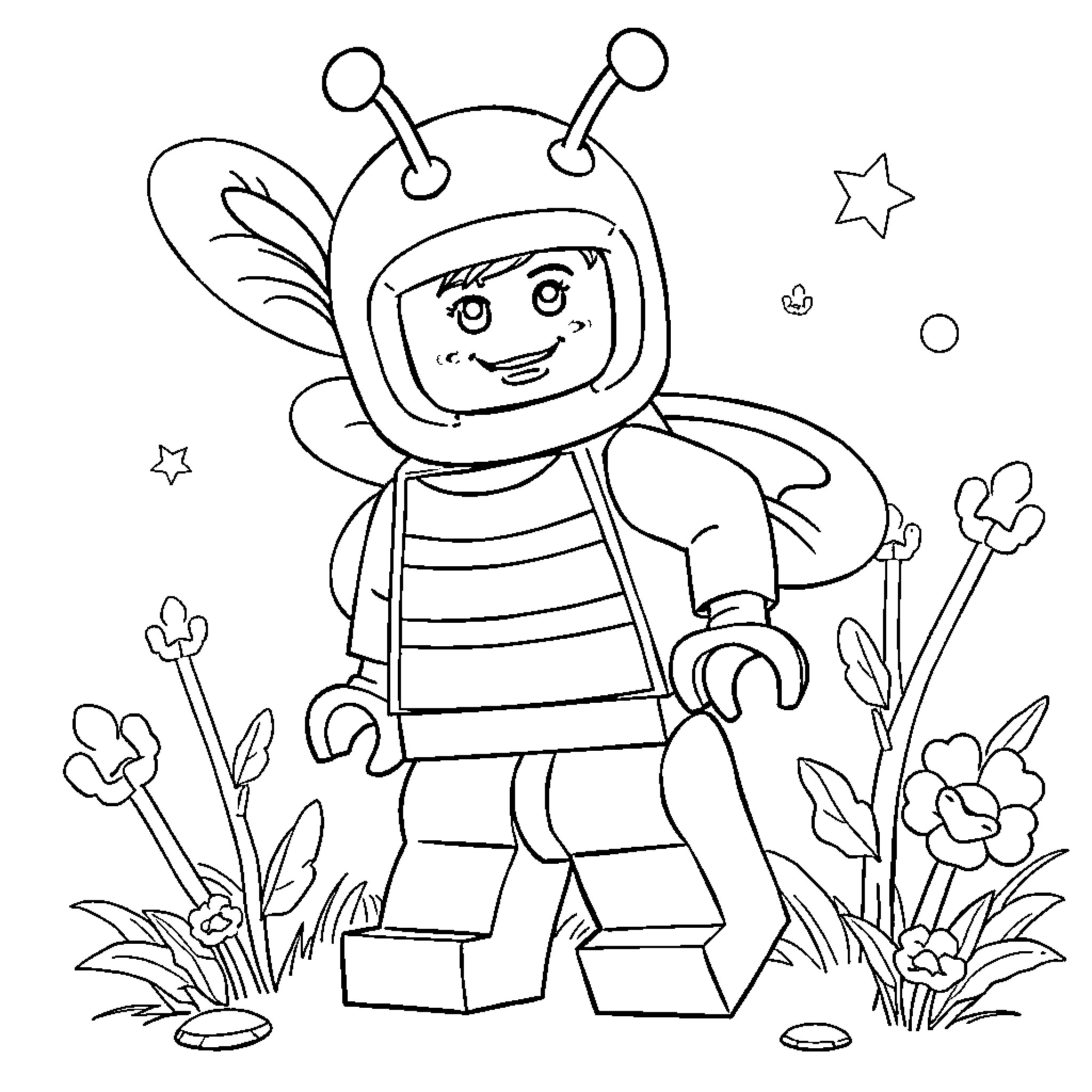 Lego Doll in Bee Costume Exploring Nature Coloring Page (free black-and-white line drawing printable PDF for all, from beginners to advanced learners, including children, teens, adults, and seniors)