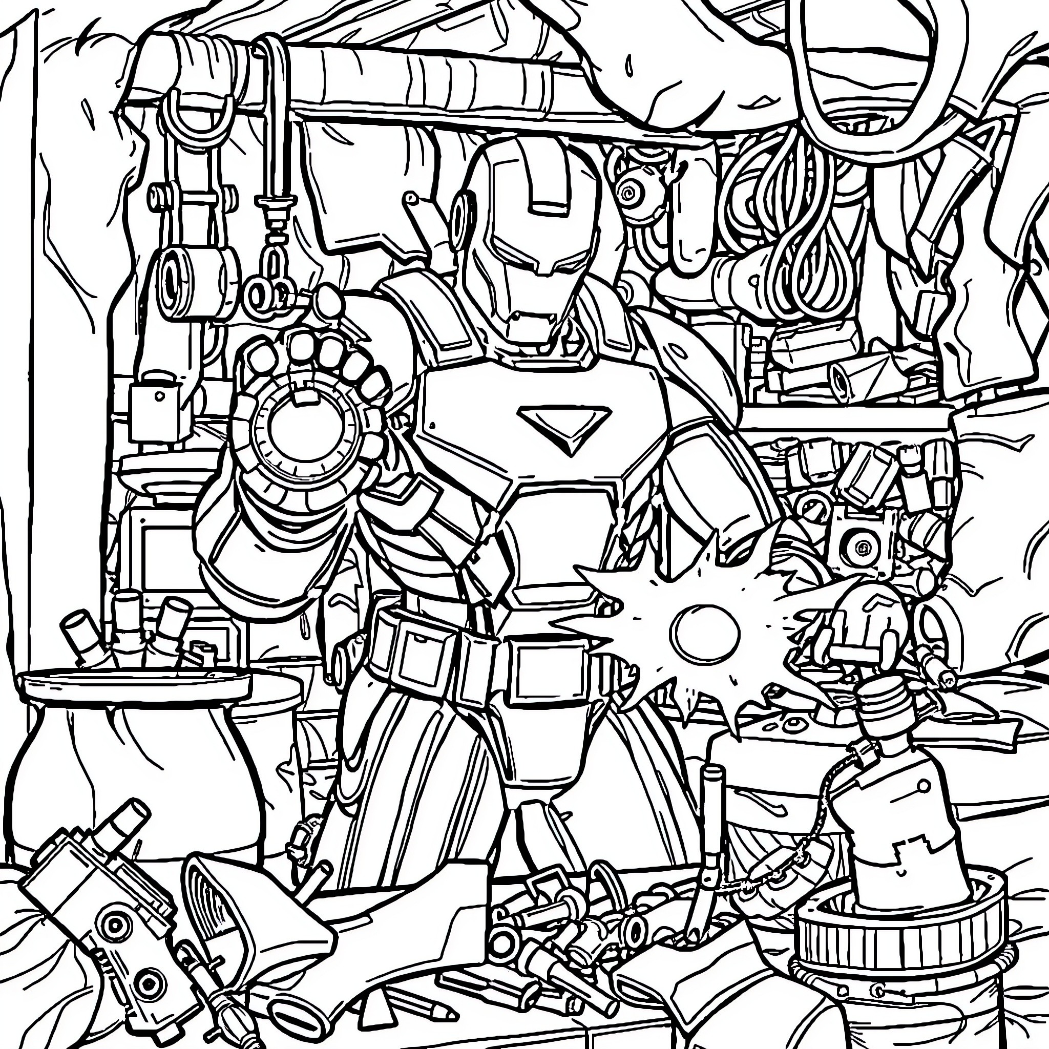 Iron Man's Armored Heroics Amid Mechanical Chaos Coloring Page (free black-and-white line drawing printable PDF for all, from beginners to advanced learners, including children, teens, adults, and seniors)