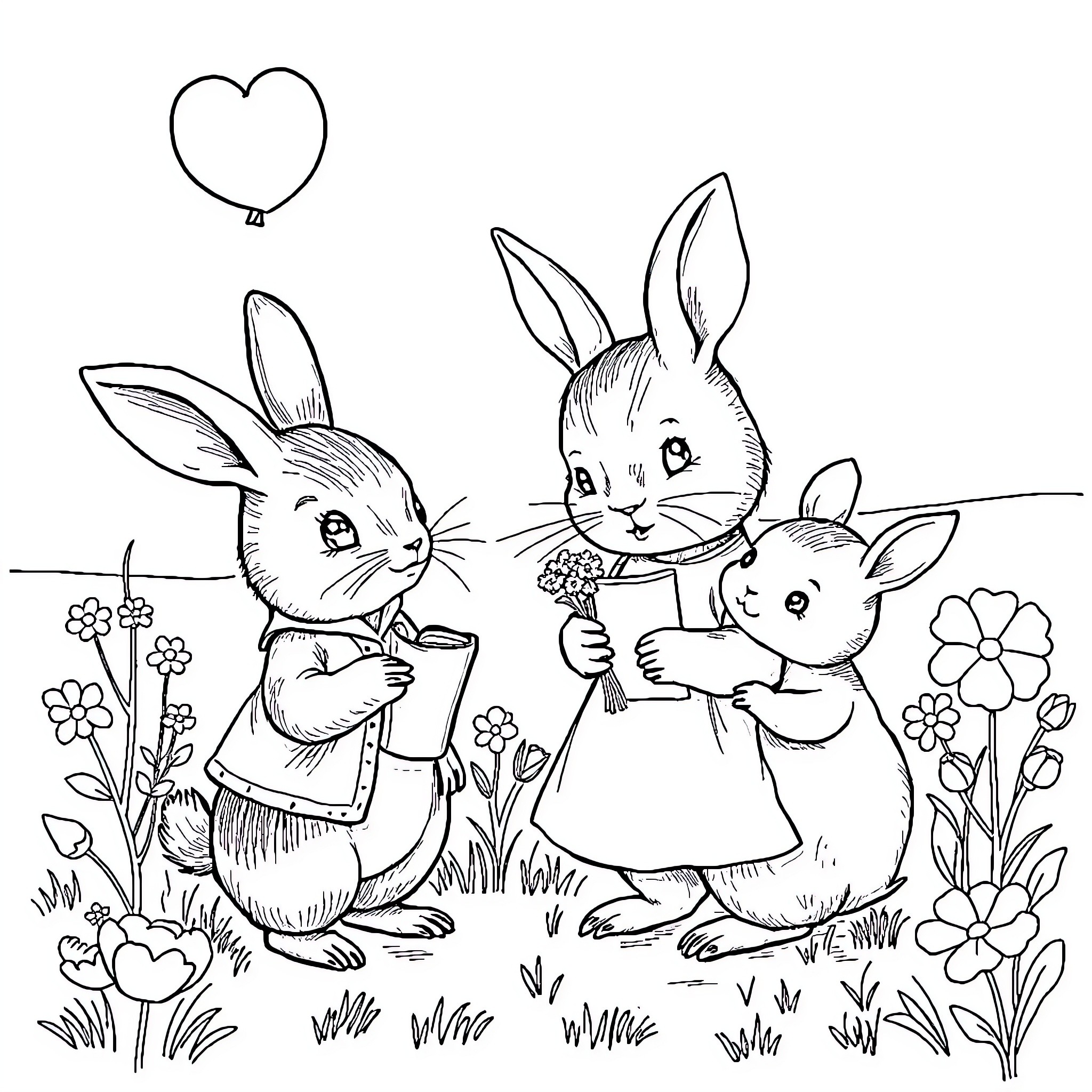 Adorable Bunnies Frolicking in Floral Garden Coloring Page (free black-and-white line drawing printable PDF for all, from beginners to advanced learners, including children, teens, adults, and seniors)