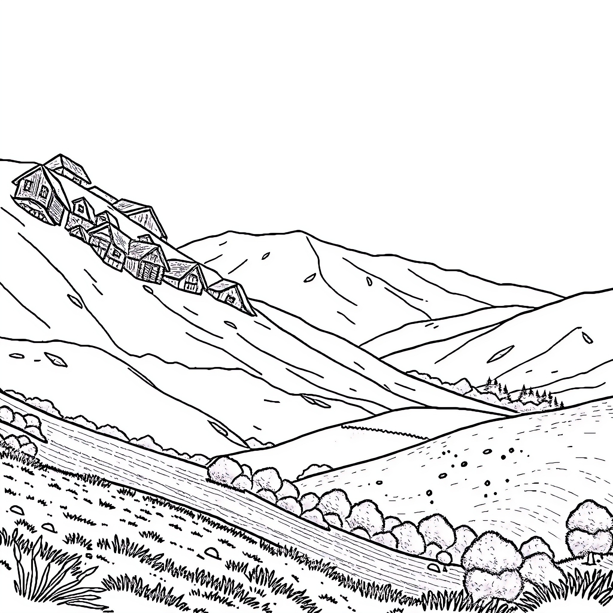 Scenery of mountainous landscape with vegetation Coloring Page (free black-and-white line drawing printable PDF for all, from beginners to advanced learners, including children, teens, adults, and seniors)