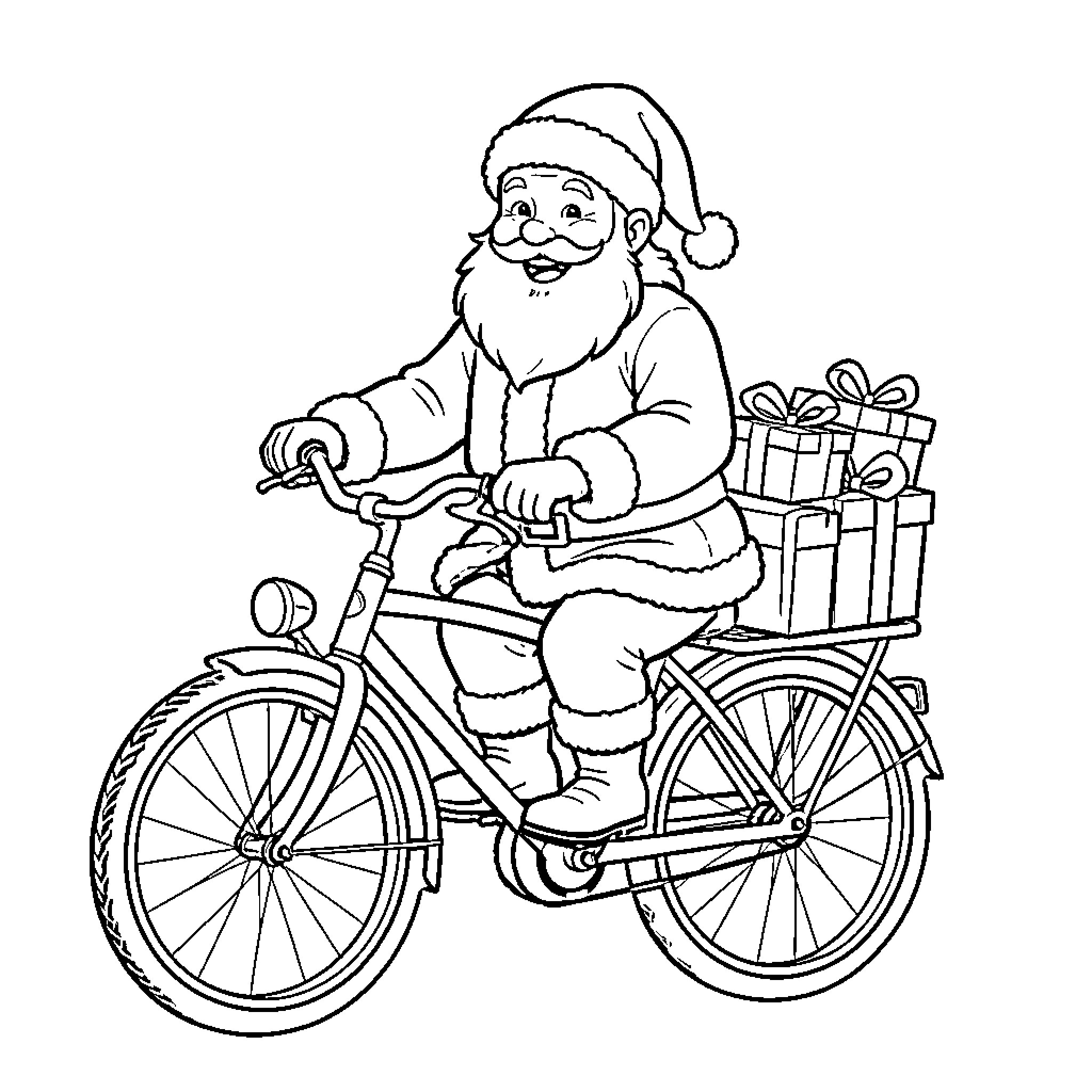 Père Noël riding a bicycle with gift boxes Coloring Page (free black-and-white line drawing printable PDF for all, from beginners to advanced learners, including children, teens, adults, and seniors)