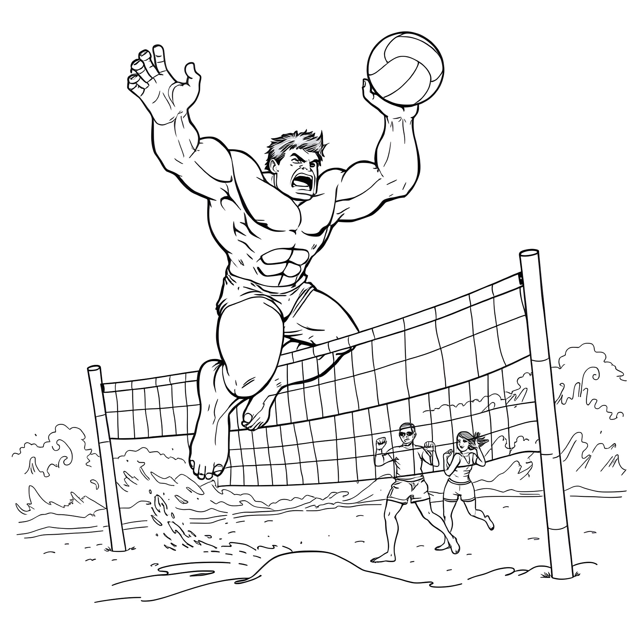 Hulk Dominates Volleyball Court with Towering Presence Coloring Page (free black-and-white line drawing printable PDF for all, from beginners to advanced learners, including children, teens, adults, and seniors)