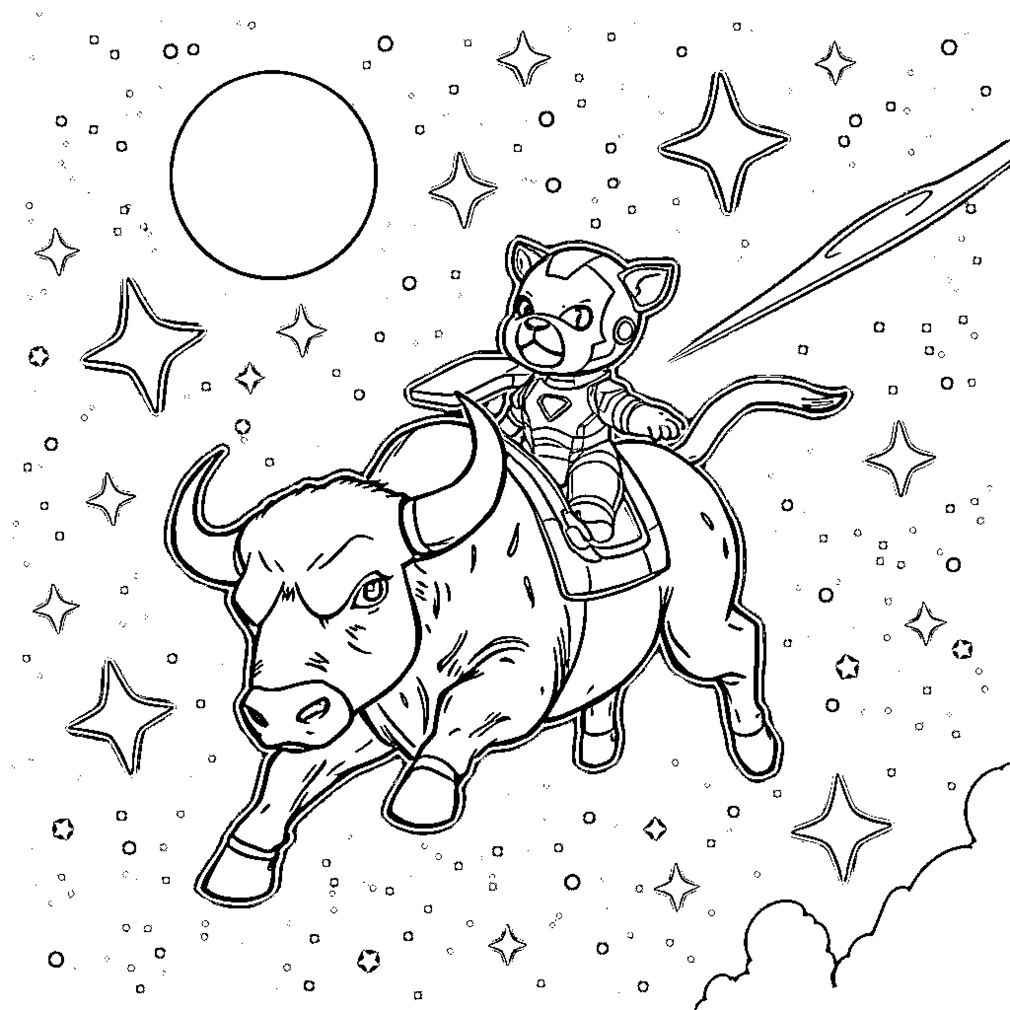 Dog riding a magical bull through the starry night sky Coloring Page (free black-and-white line drawing printable PDF for all, from beginners to advanced learners, including children, teens, adults, and seniors)