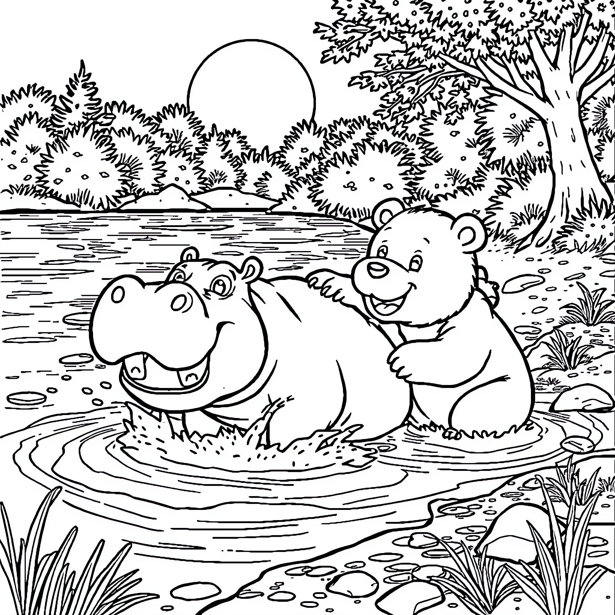 Hippo friends playing in the lake Coloring Page (free black-and-white line drawing printable PDF for all, from beginners to advanced learners, including children, teens, adults, and seniors)