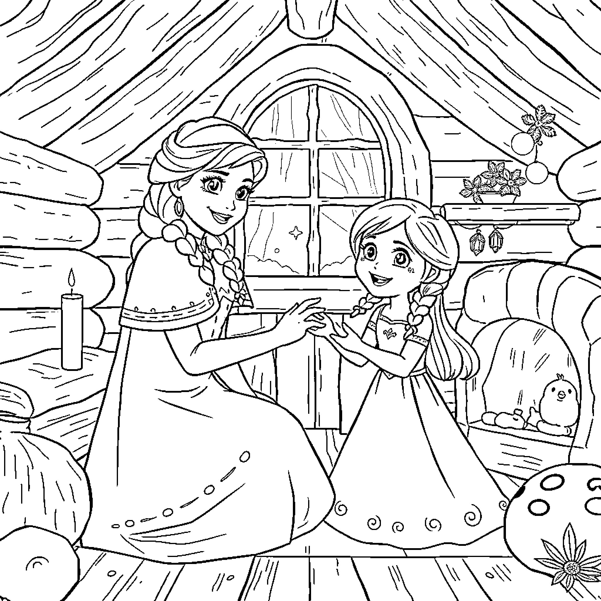 Anna and her sister sharing a warm embrace in the cozy cabin Coloring Page (free black-and-white line drawing printable PDF for all, from beginners to advanced learners, including children, teens, adults, and seniors)