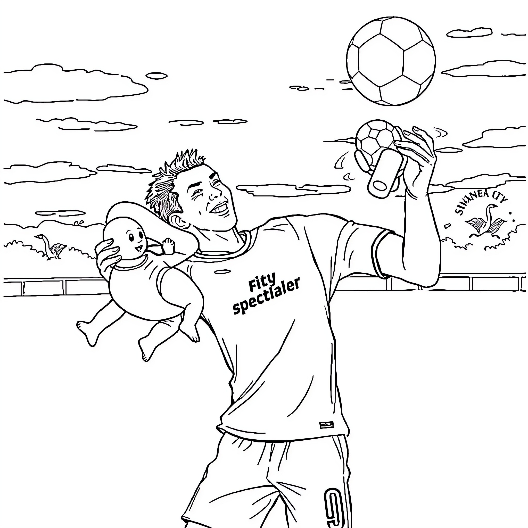Football Player celebrating victory with child Coloring Page (free black-and-white line drawing printable PDF for all, from beginners to advanced learners, including children, teens, adults, and seniors)