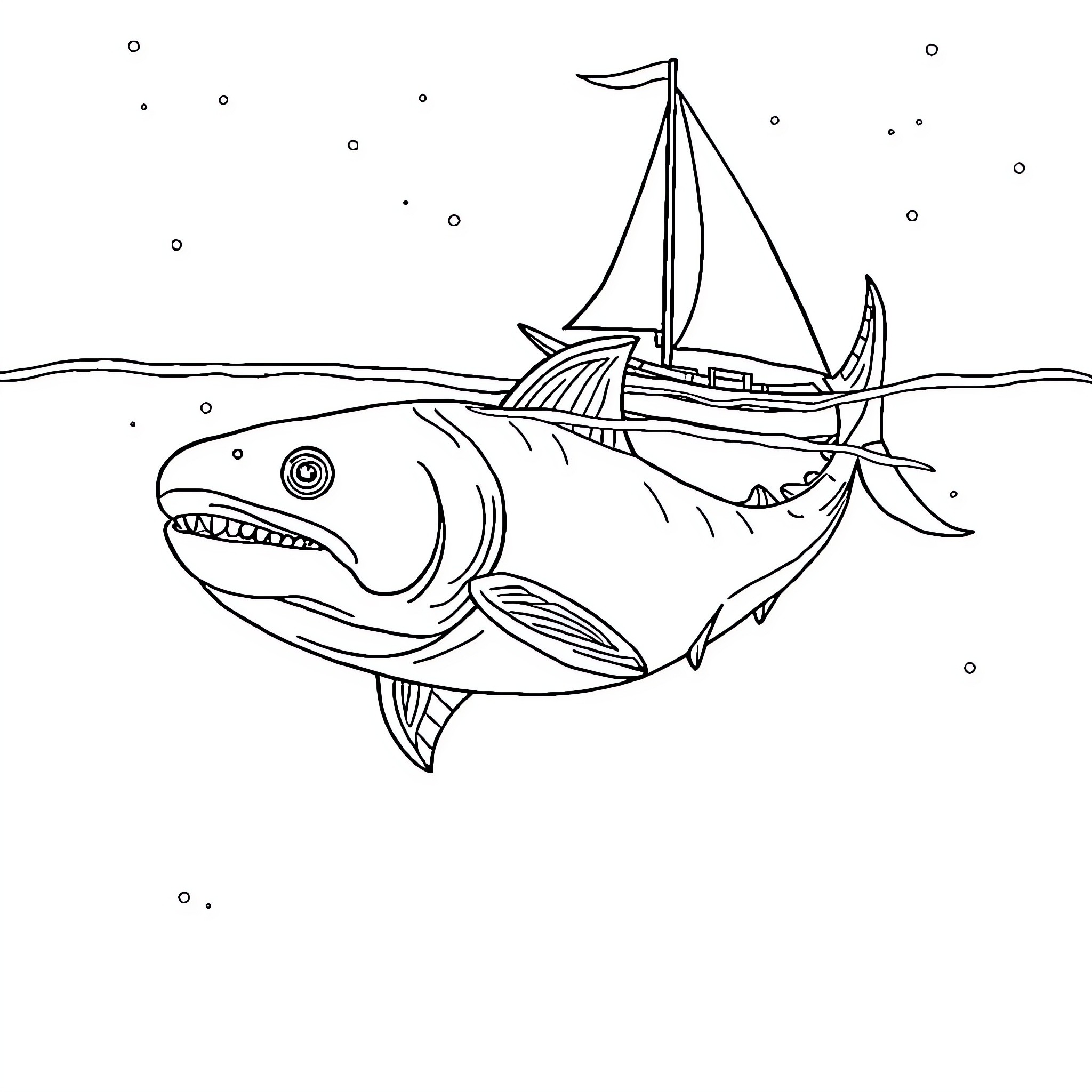 Bake-Kujira: Seafaring vessel sailing with giant fish Coloring Page (free black-and-white line drawing printable PDF for all, from beginners to advanced learners, including children, teens, adults, and seniors)