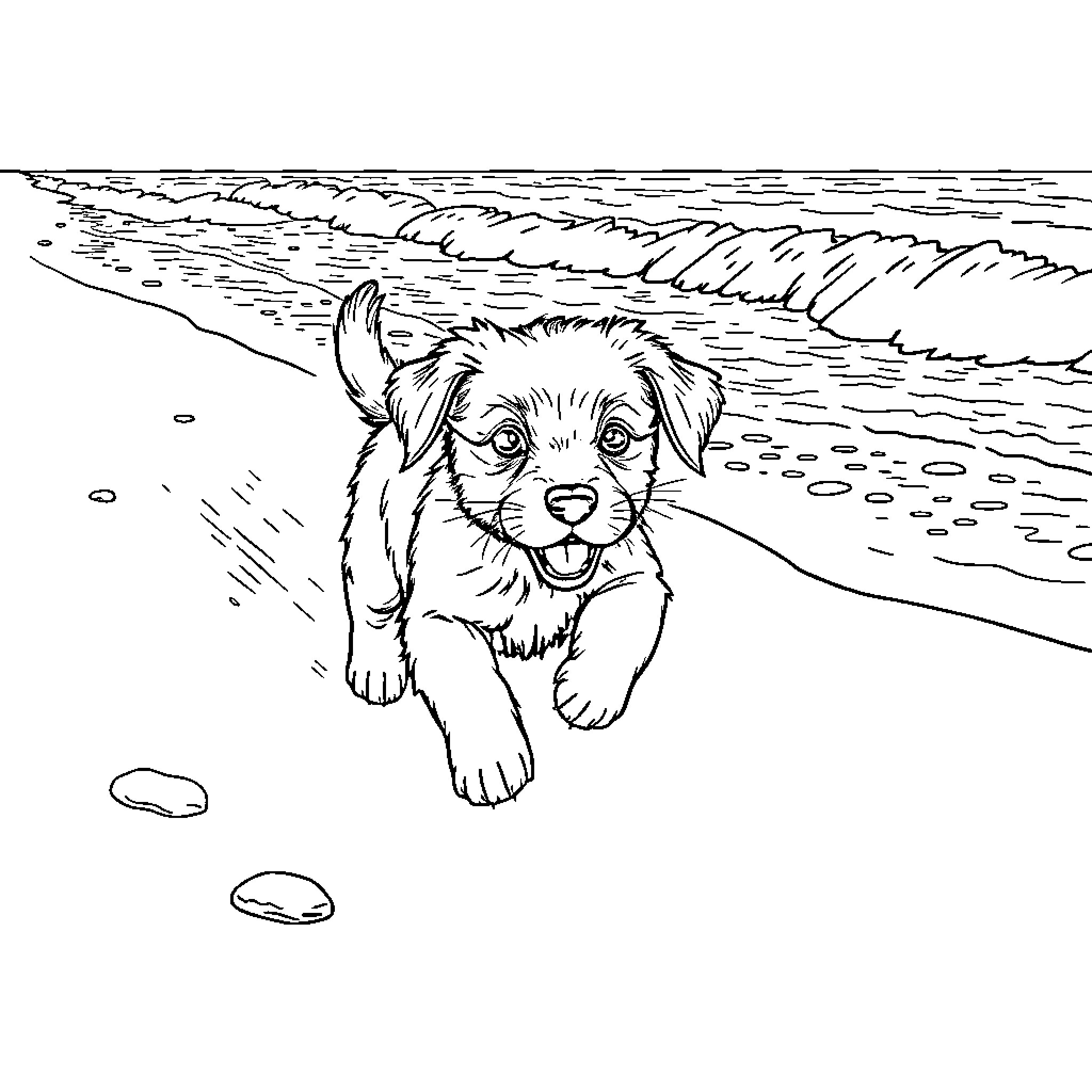 Puppy playing joyfully on the beach Coloring Page (free black-and-white line drawing printable PDF for all, from beginners to advanced learners, including children, teens, adults, and seniors)