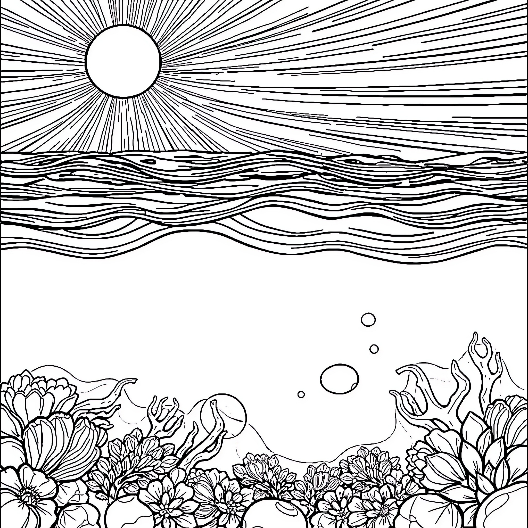 Ocean Scenery with Sun and Underwater Flora Coloring Page (free black-and-white line drawing printable PDF for all, from beginners to advanced learners, including children, teens, adults, and seniors)