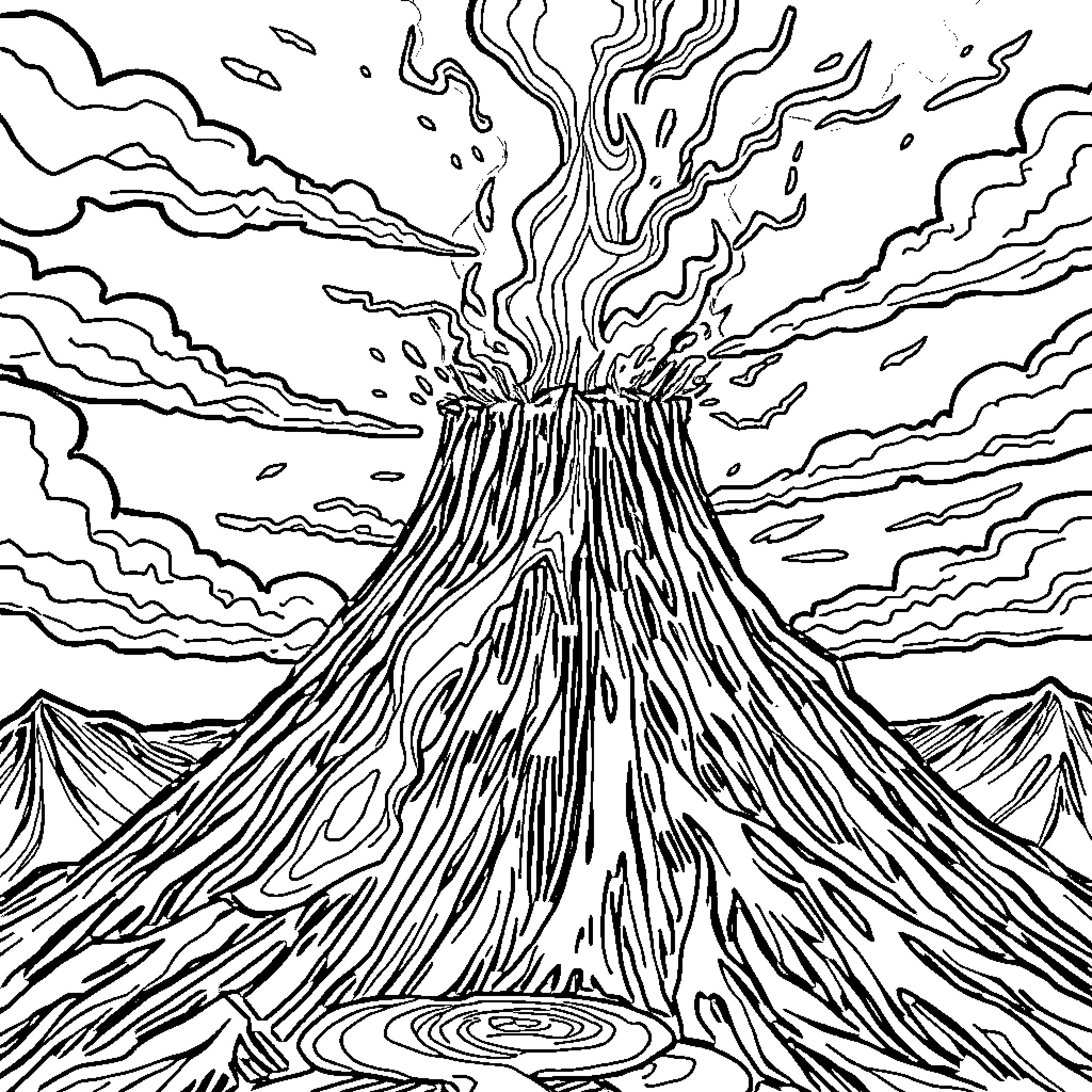 Volcano erupting with dramatic clouds Coloring Page (free black-and-white line drawing printable PDF for all, from beginners to advanced learners, including children, teens, adults, and seniors)