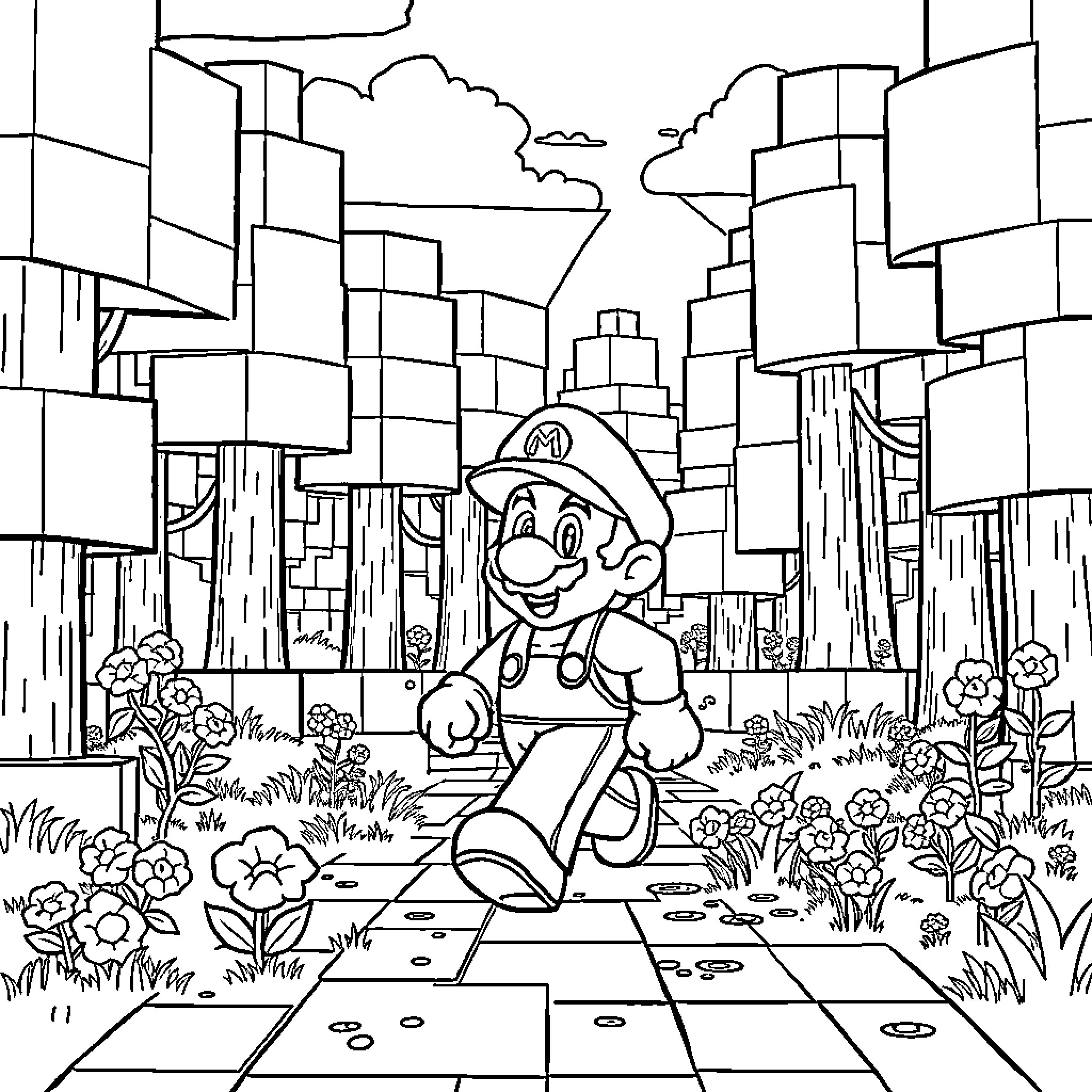 Mario exploring a fantastical city landscape Coloring Page (free black-and-white line drawing printable PDF for all, from beginners to advanced learners, including children, teens, adults, and seniors)