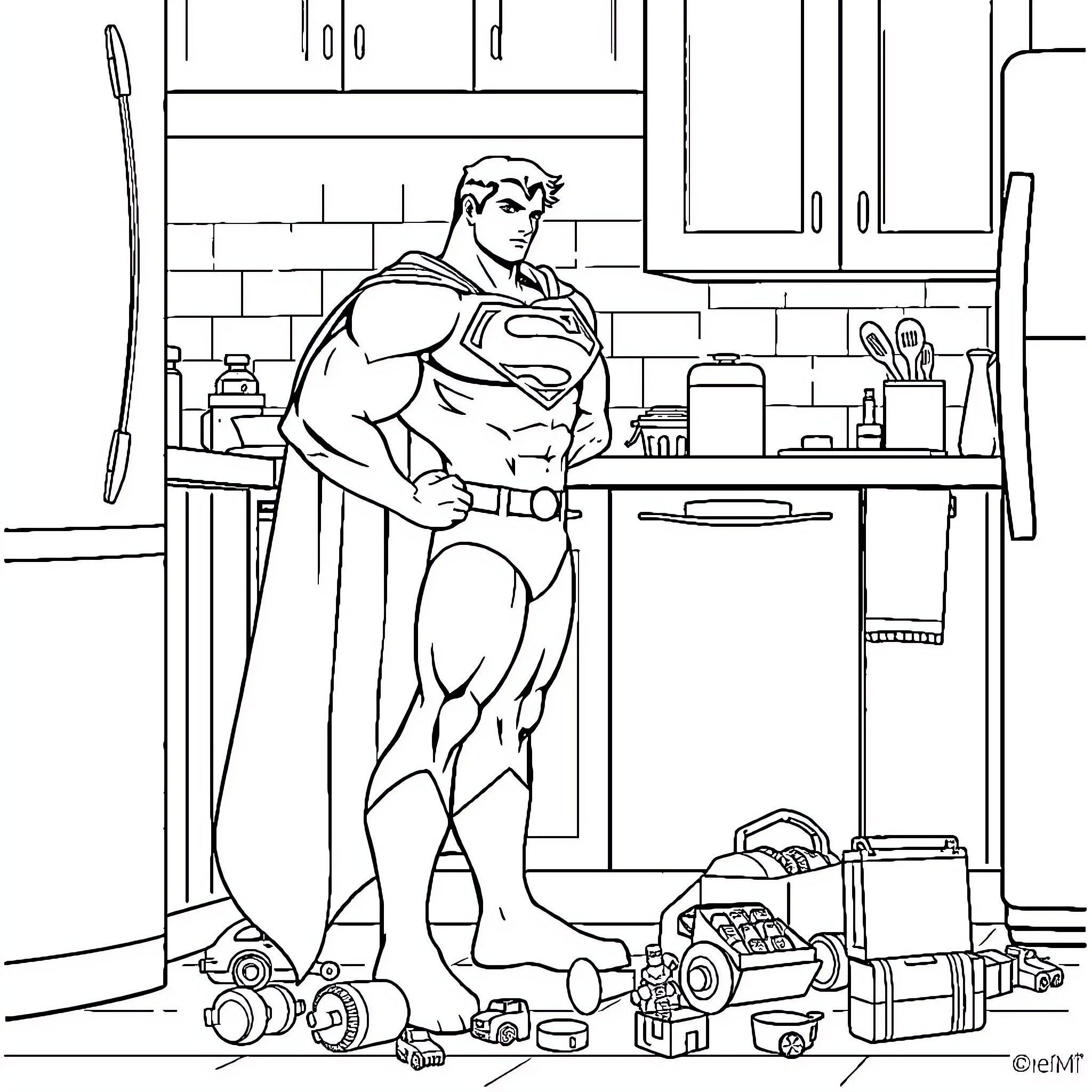 Superman cleaning up the kitchen Coloring Page (free black-and-white line drawing printable PDF for all, from beginners to advanced learners, including children, teens, adults, and seniors)
