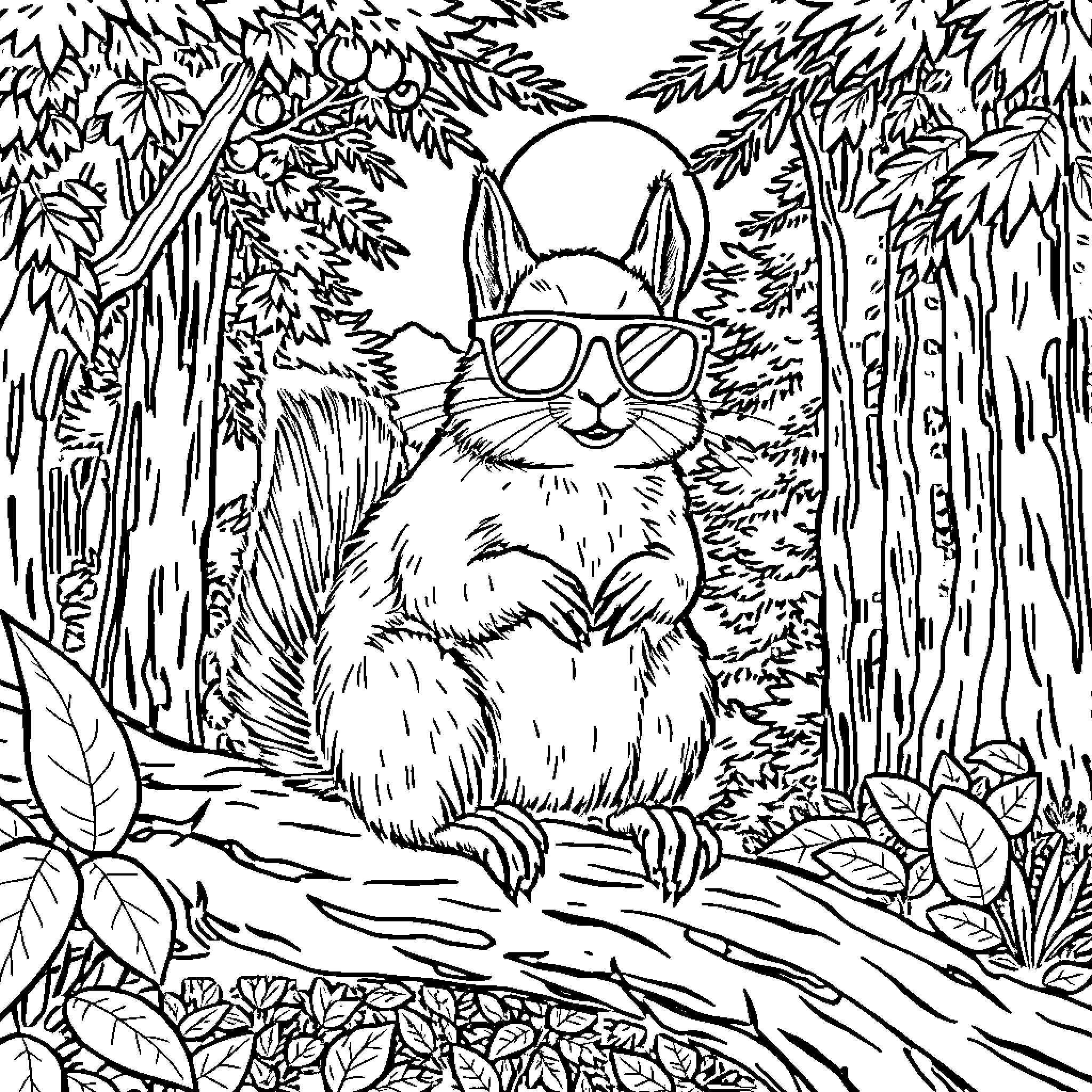 Squirrel enjoying the forest in sunglasses Coloring Page (free black-and-white line drawing printable PDF for all, from beginners to advanced learners, including children, teens, adults, and seniors)