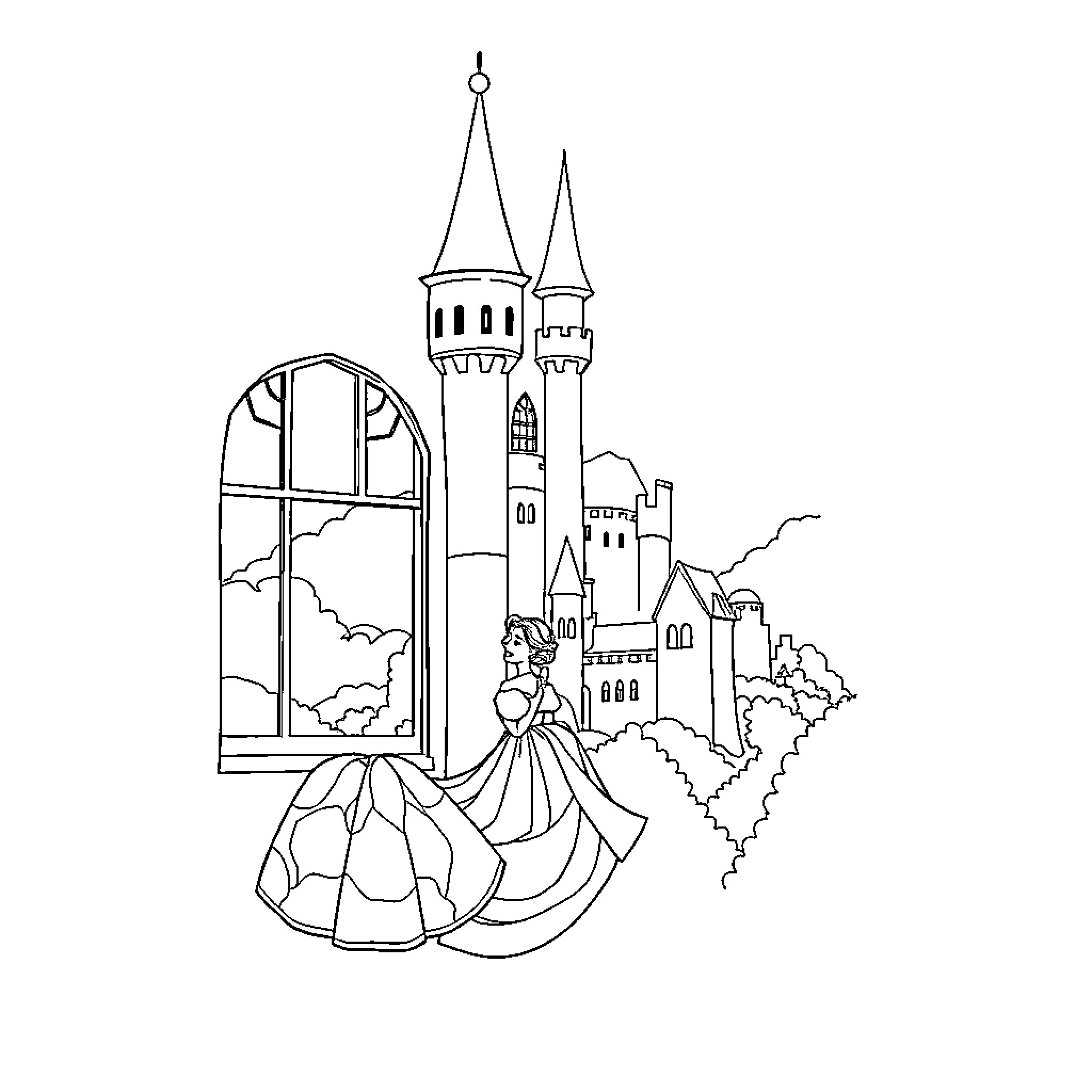 Princess gazing at castle from window Coloring Page (free black-and-white line drawing printable PDF for all, from beginners to advanced learners, including children, teens, adults, and seniors)