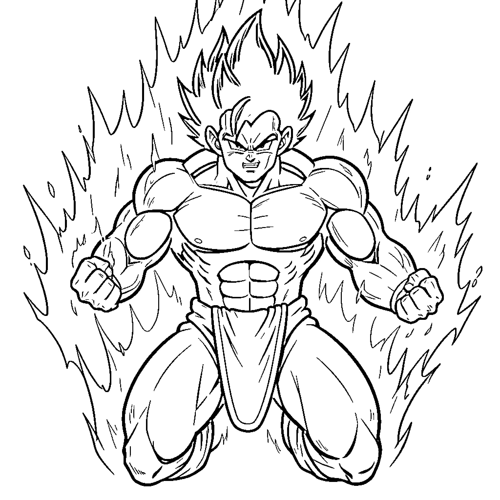 Vegeta's Powerful Transformation Coloring Page (free black-and-white line drawing printable PDF for all, from beginners to advanced learners, including children, teens, adults, and seniors)