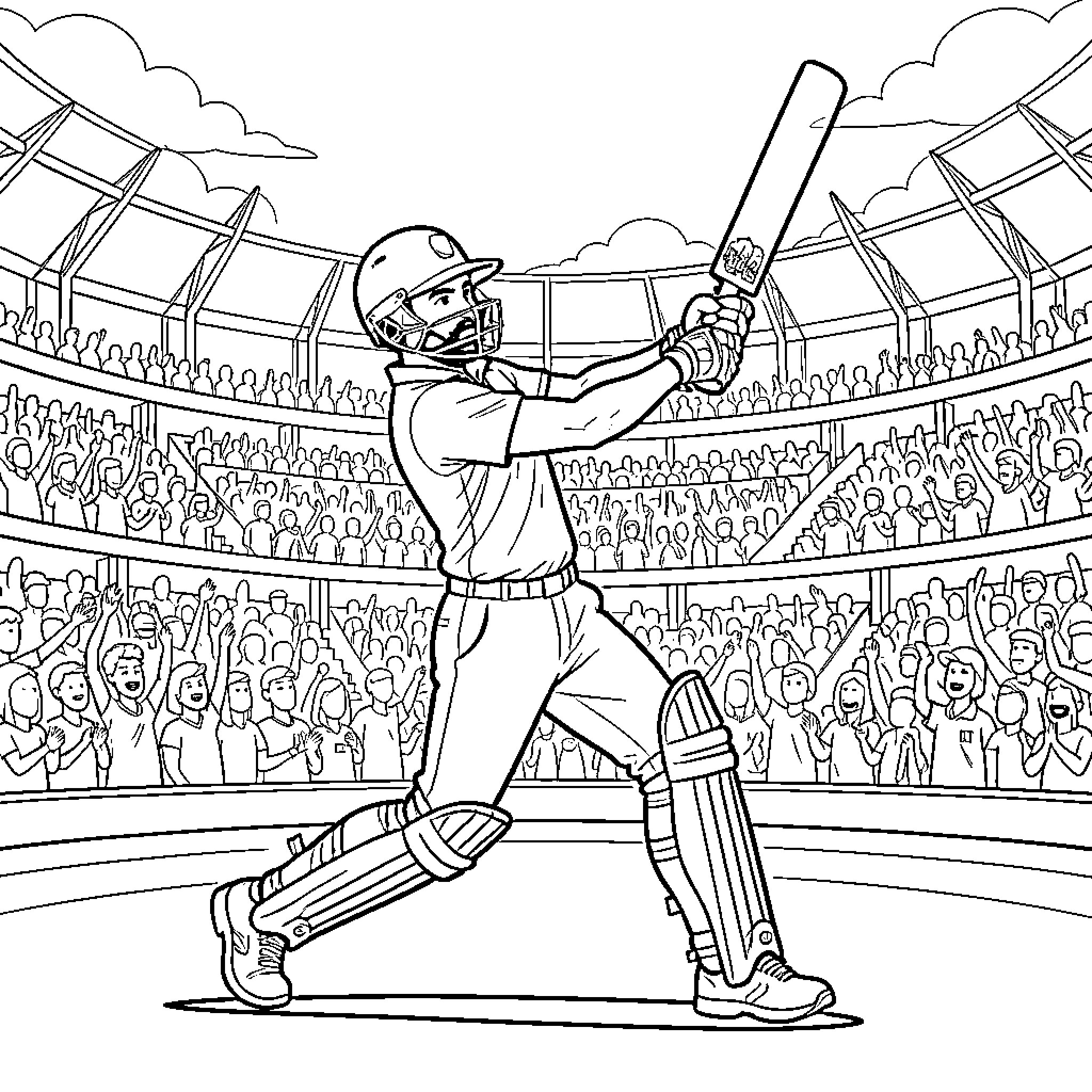 Hardik Pandya batting in a cricket stadium Coloring Page (free black-and-white line drawing printable PDF for all, from beginners to advanced learners, including children, teens, adults, and seniors)