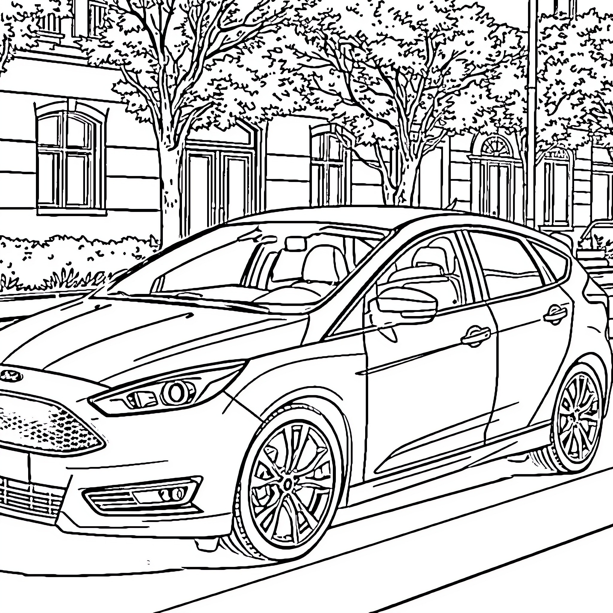 Ford Focus parked in a scenic neighborhood Coloring Page (free black-and-white line drawing printable PDF for all, from beginners to advanced learners, including children, teens, adults, and seniors)