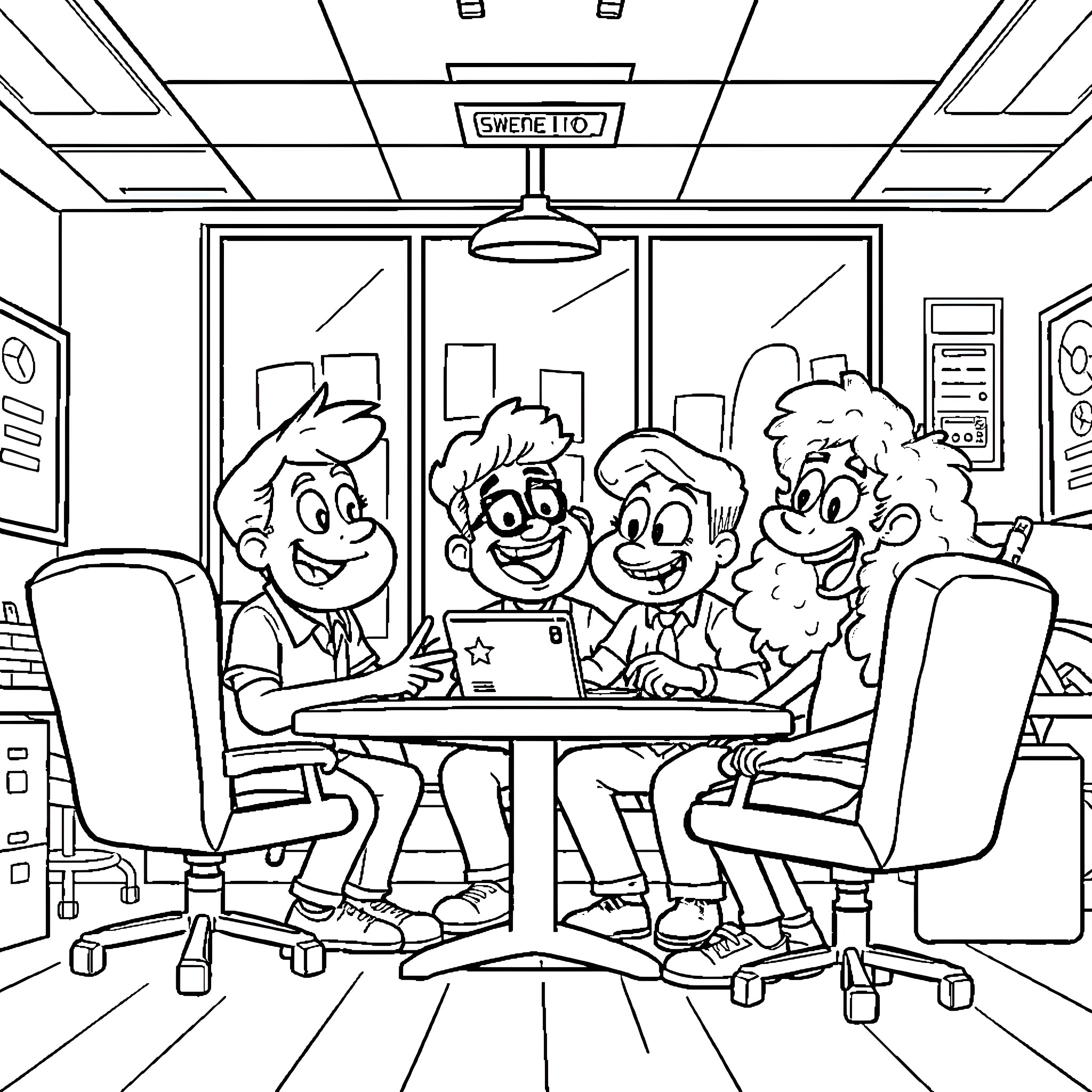 Otcartoon characters in office meeting Coloring Page (free black-and-white line drawing printable PDF for all, from beginners to advanced learners, including children, teens, adults, and seniors)