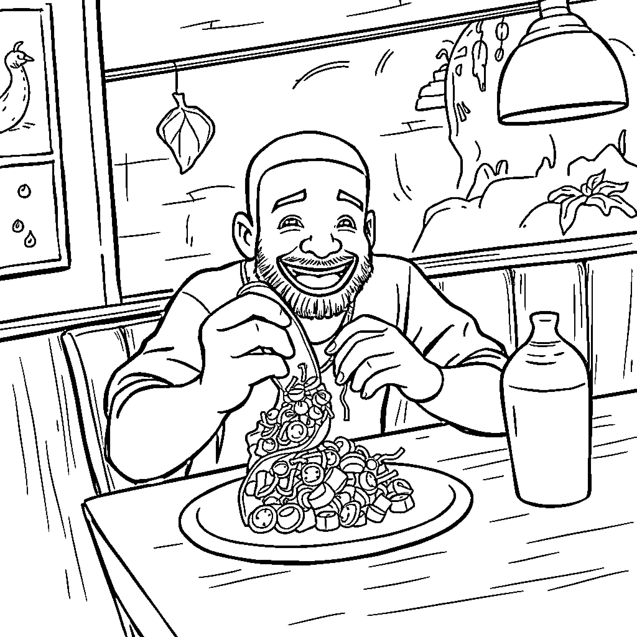 Drake enjoys a hearty meal in a cozy diner Coloring Page (free black-and-white line drawing printable PDF for all, from beginners to advanced learners, including children, teens, adults, and seniors)