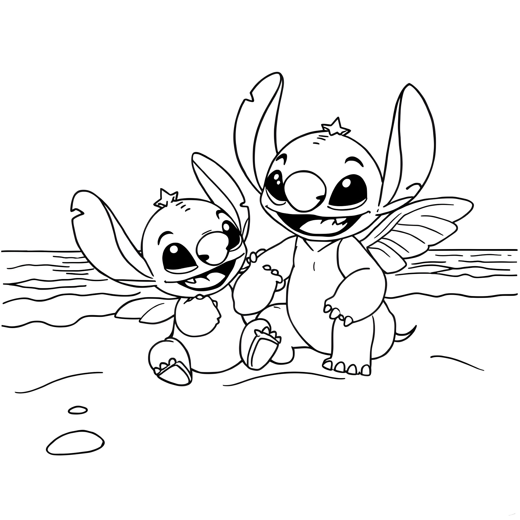 Stitch and Friend Playing Together on the Beach Coloring Page (free black-and-white line drawing printable PDF for all, from beginners to advanced learners, including children, teens, adults, and seniors)