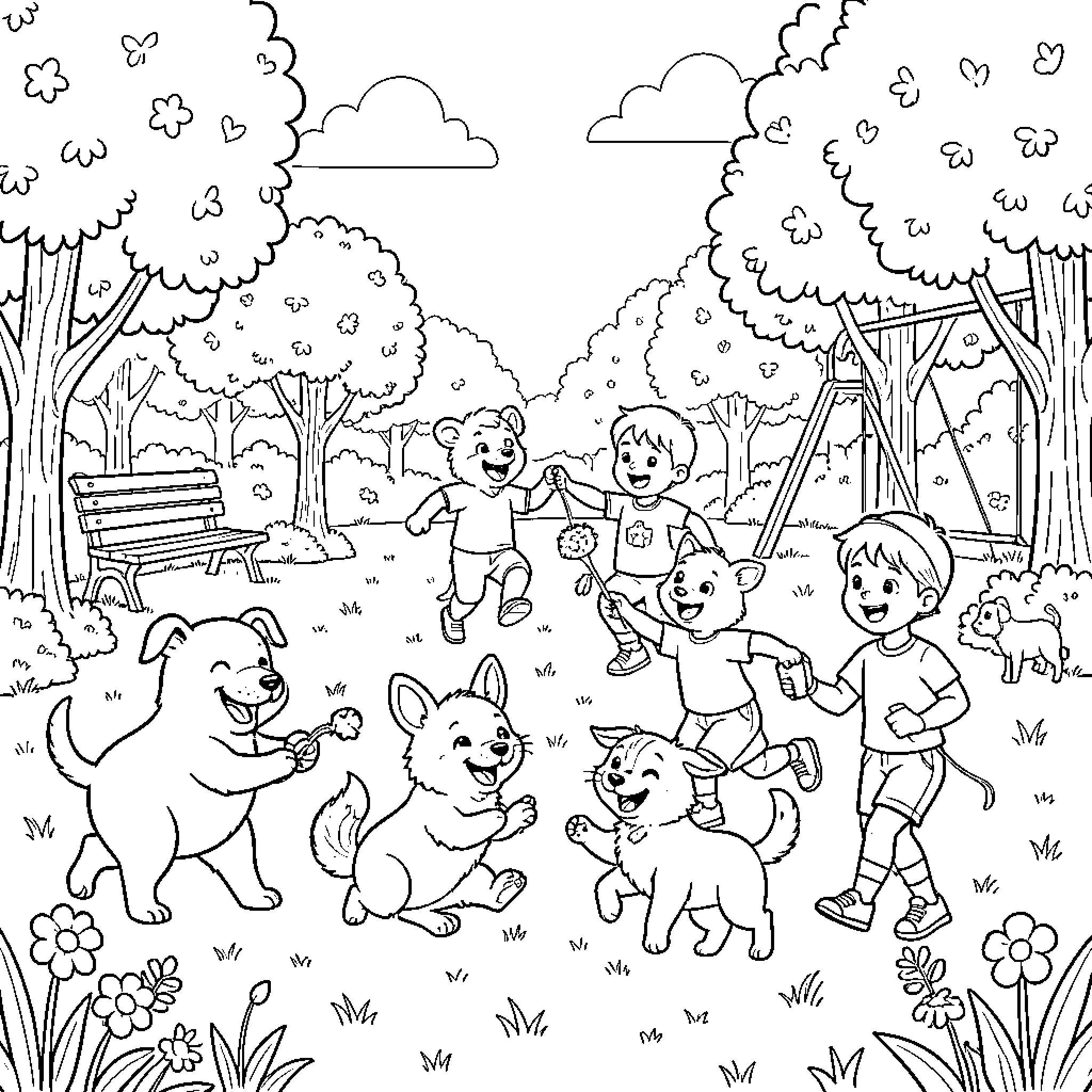 Animal and children playing together in a park Coloring Page (free black-and-white line drawing printable PDF for all, from beginners to advanced learners, including children, teens, adults, and seniors)