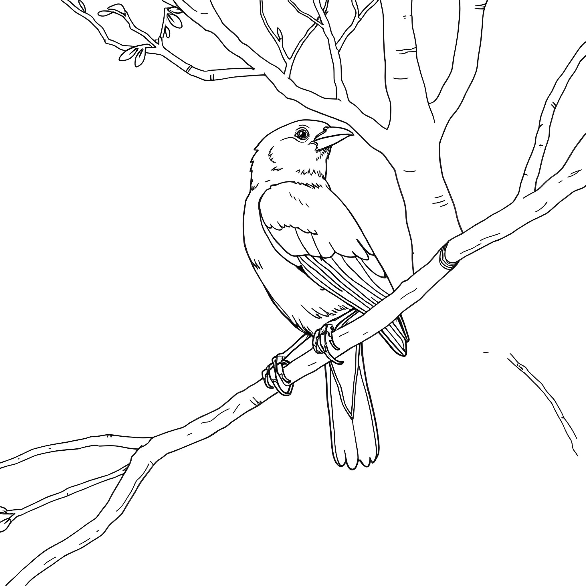 Canary perched on a tree branch Coloring Page (free black-and-white line drawing printable PDF for all, from beginners to advanced learners, including children, teens, adults, and seniors)