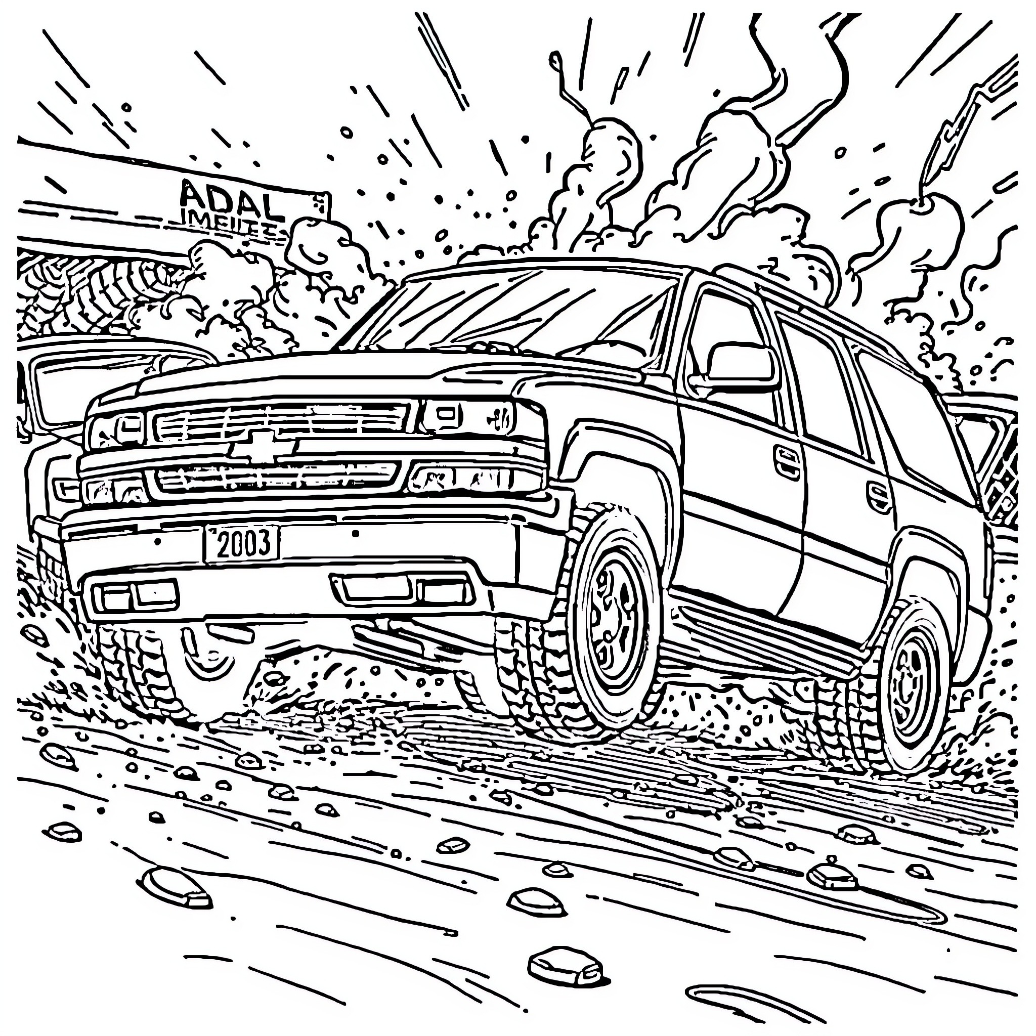 Chevy pickup truck speeding through rugged terrain Coloring Page (free black-and-white line drawing printable PDF for all, from beginners to advanced learners, including children, teens, adults, and seniors)