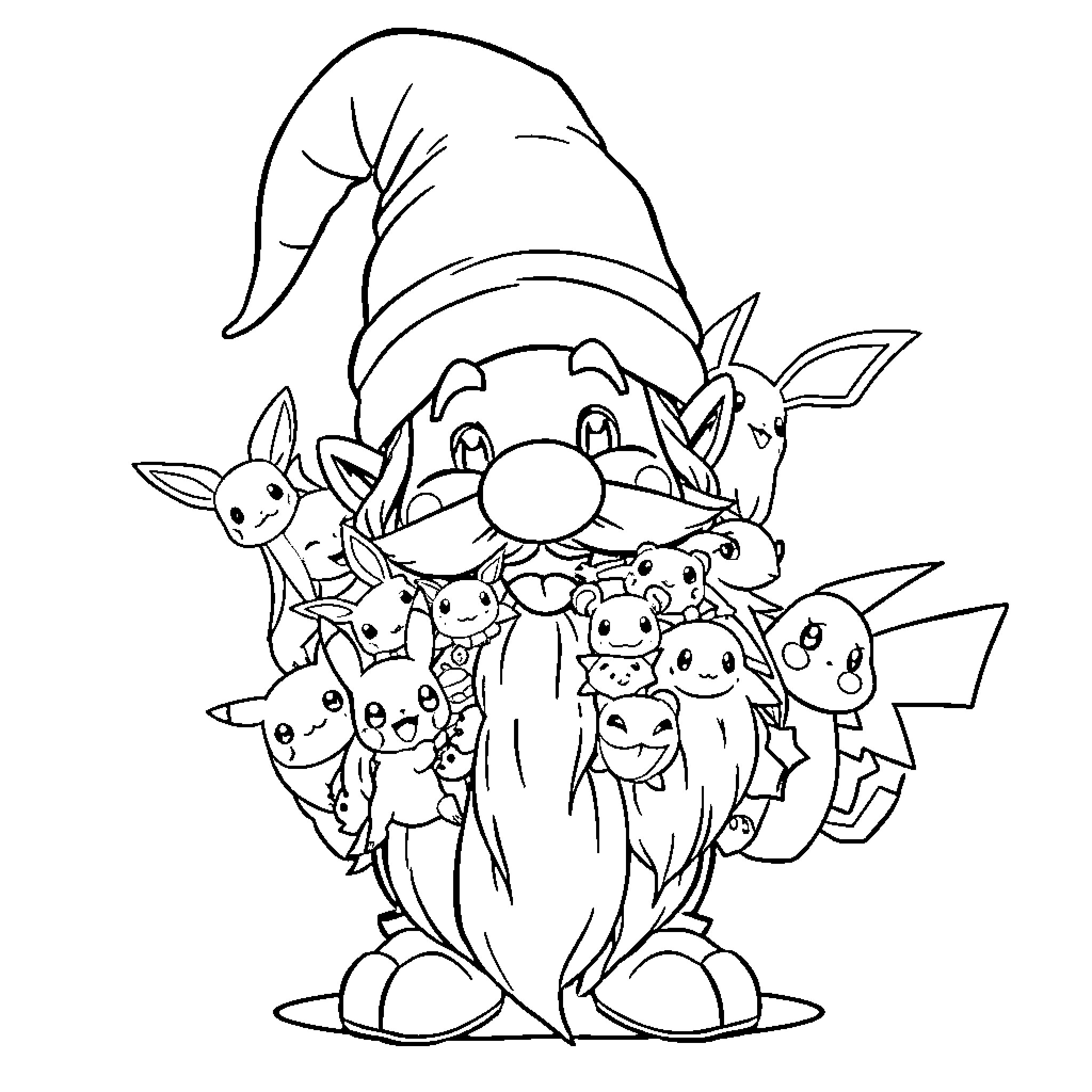 Gnome surrounded by whimsical creatures Coloring Page (free black-and-white line drawing printable PDF for all, from beginners to advanced learners, including children, teens, adults, and seniors)