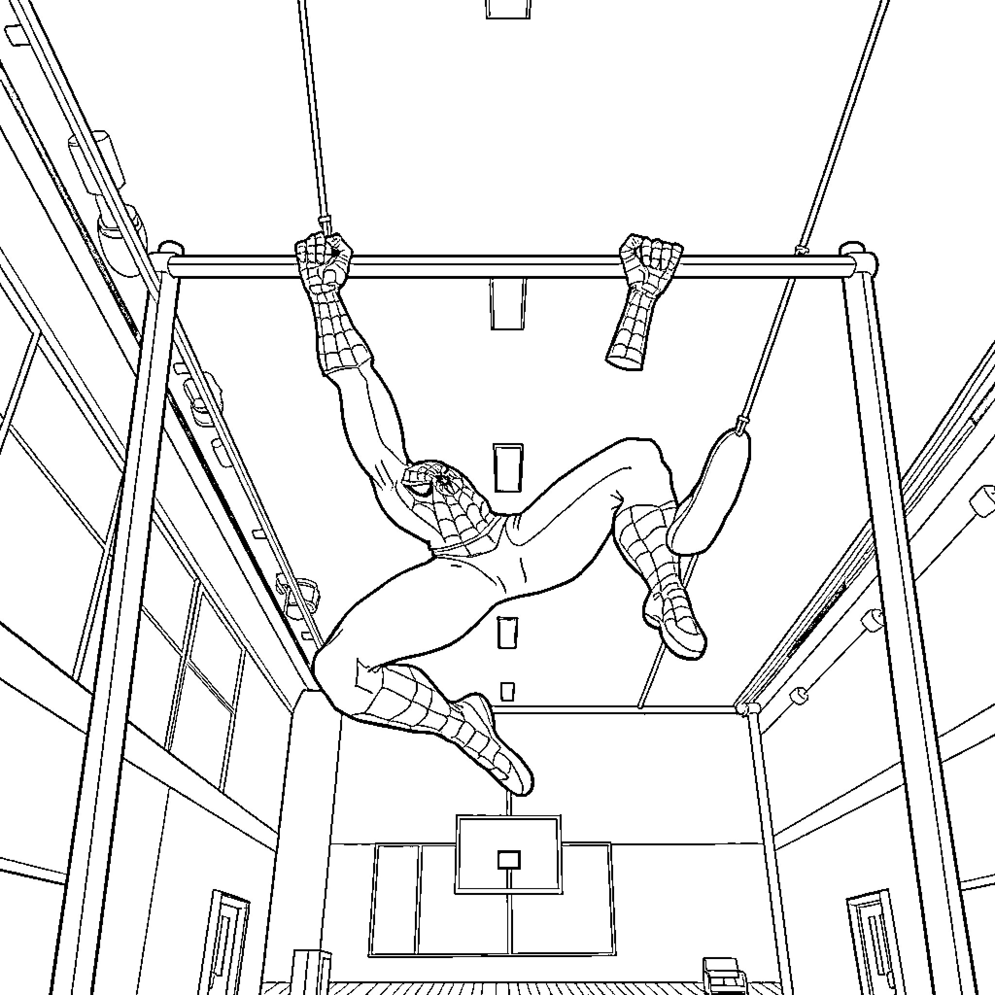 Spiderman swinging across the gym in action pose Coloring Page (free black-and-white line drawing printable PDF for all, from beginners to advanced learners, including children, teens, adults, and seniors)