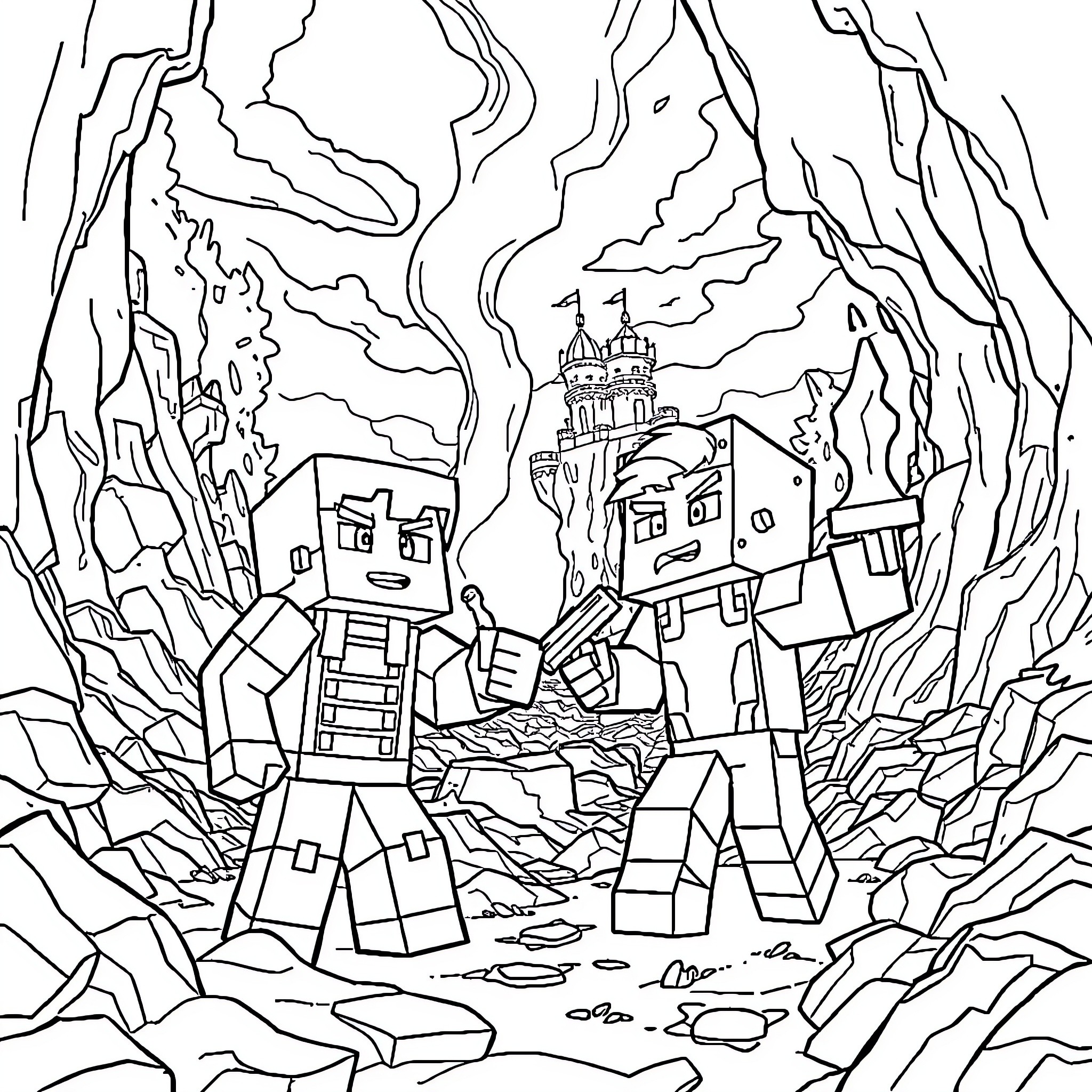 Blaze through the Enchanted Ruins Coloring Page (free black-and-white line drawing printable PDF for all, from beginners to advanced learners, including children, teens, adults, and seniors)