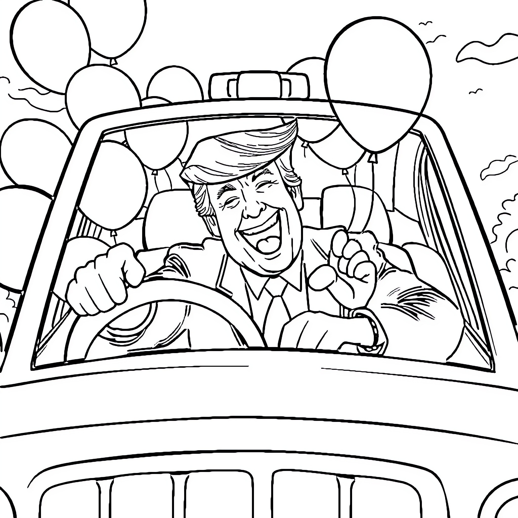 Trump Driving with Balloons in a Celebratory Mood Coloring Page (free black-and-white line drawing printable PDF for all, from beginners to advanced learners, including children, teens, adults, and seniors)