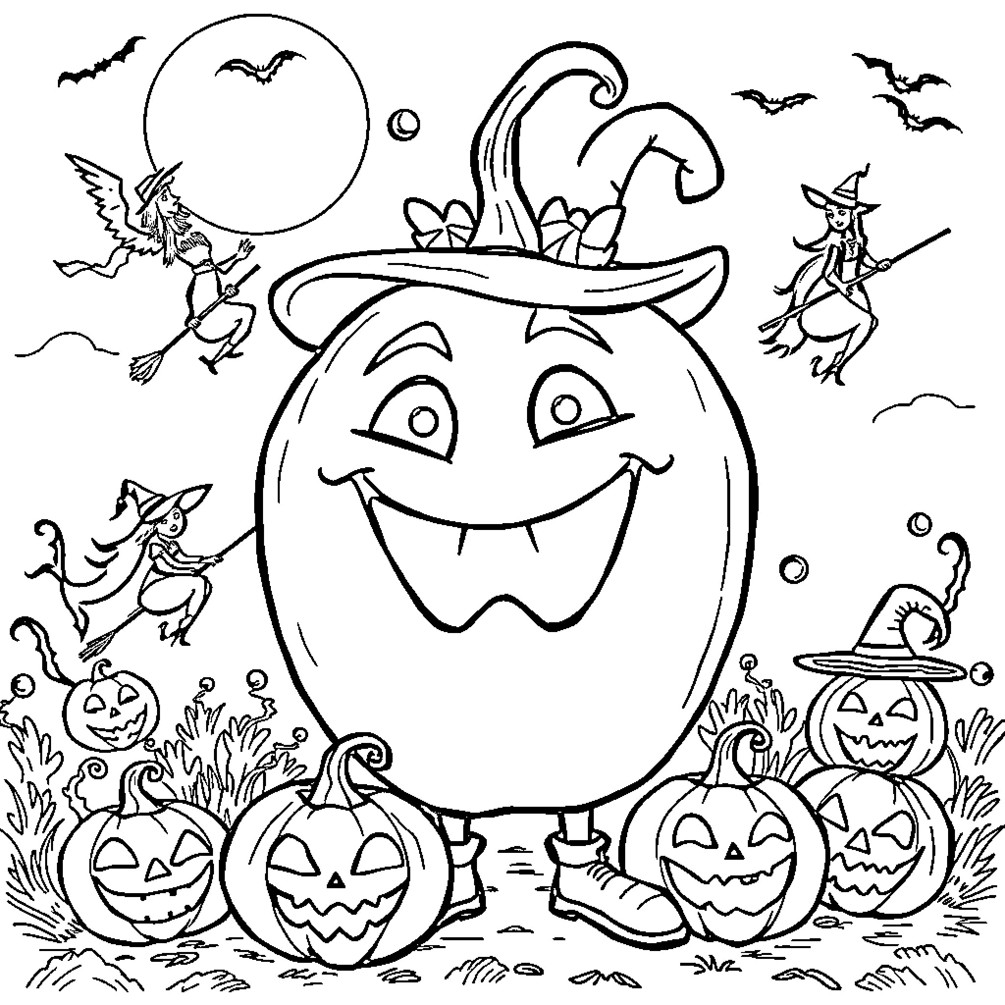 Tomato in a Spooky Halloween Scene Coloring Page (free black-and-white line drawing printable PDF for all, from beginners to advanced learners, including children, teens, adults, and seniors)